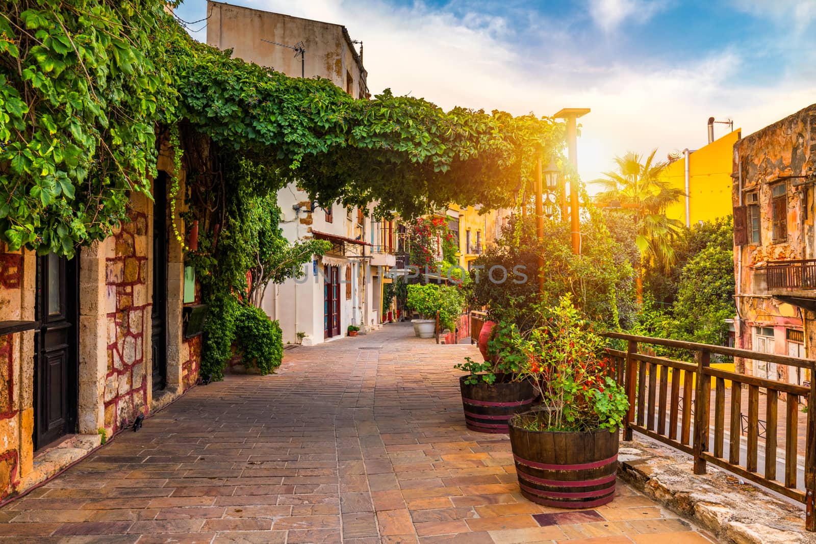 Street in the old town of Chania, Crete, Greece. Charming streets of Greek islands, Crete. Beautiful street in Chania, Crete island, Greece. Summer landscape. Chania old street of Crete island Greece.