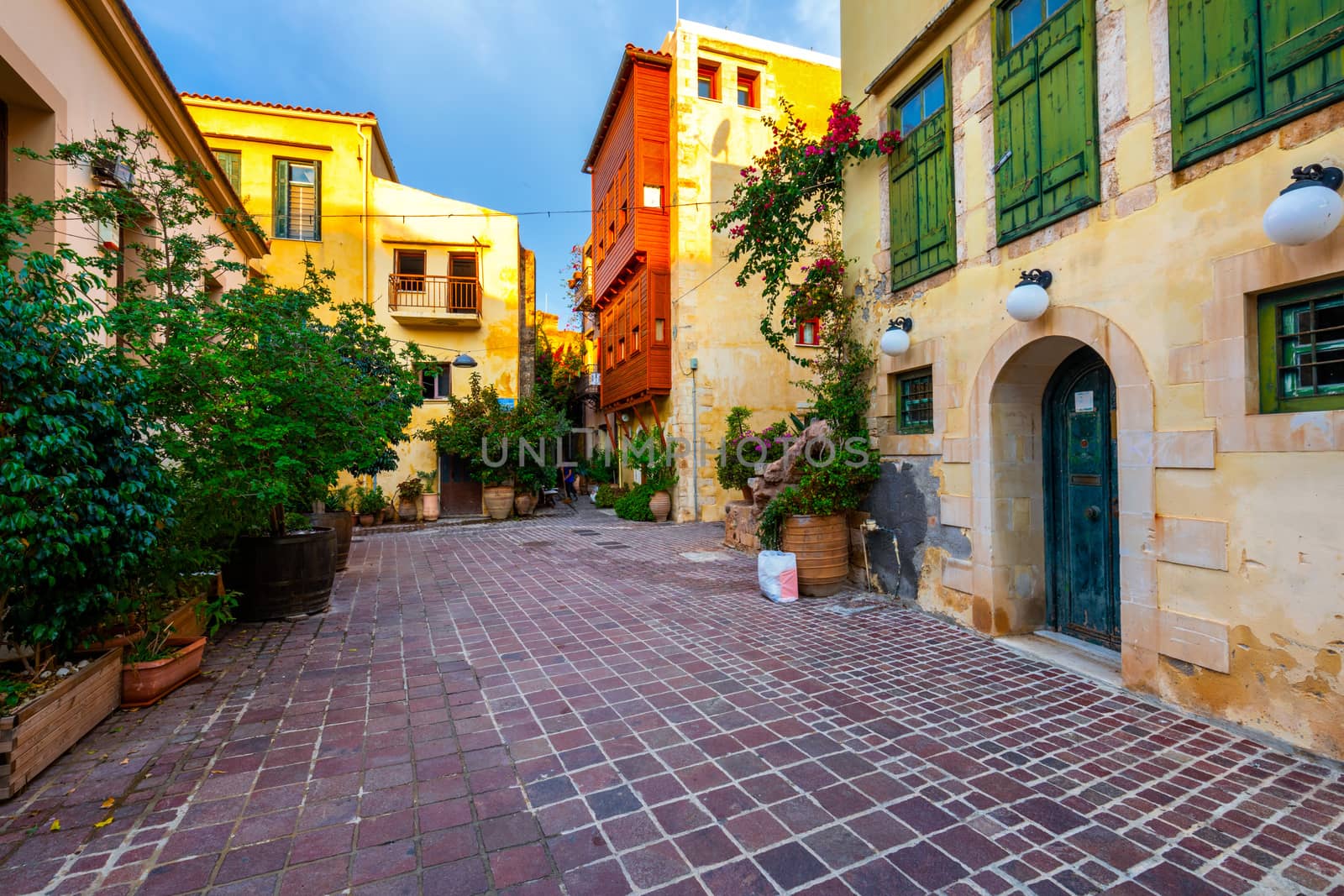 Street in the old town of Chania, Crete, Greece. Charming streets of Greek islands, Crete. Beautiful street in Chania, Crete island, Greece. Summer landscape. Chania old street of Crete island Greece.