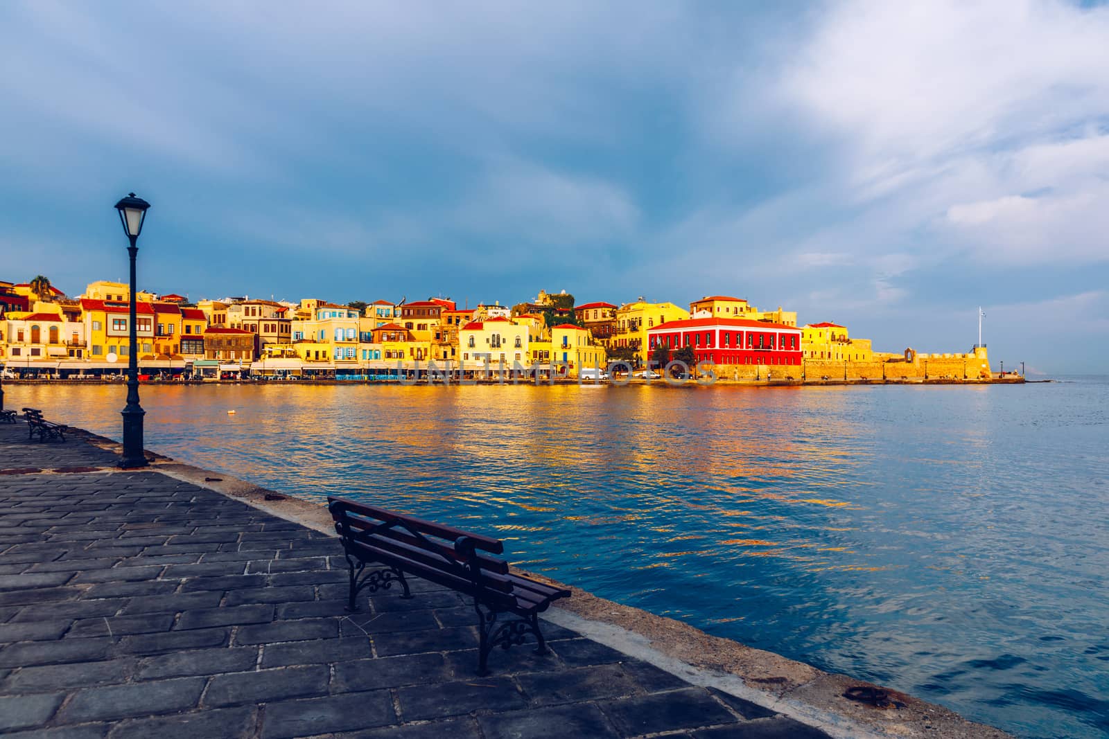 Picturesque old port of Chania. Landmarks of Crete island. Greece. Bay of Chania at sunny summer day, Crete Greece. View of the old port of Chania, Crete, Greece. The port of chania, or Hania. 
