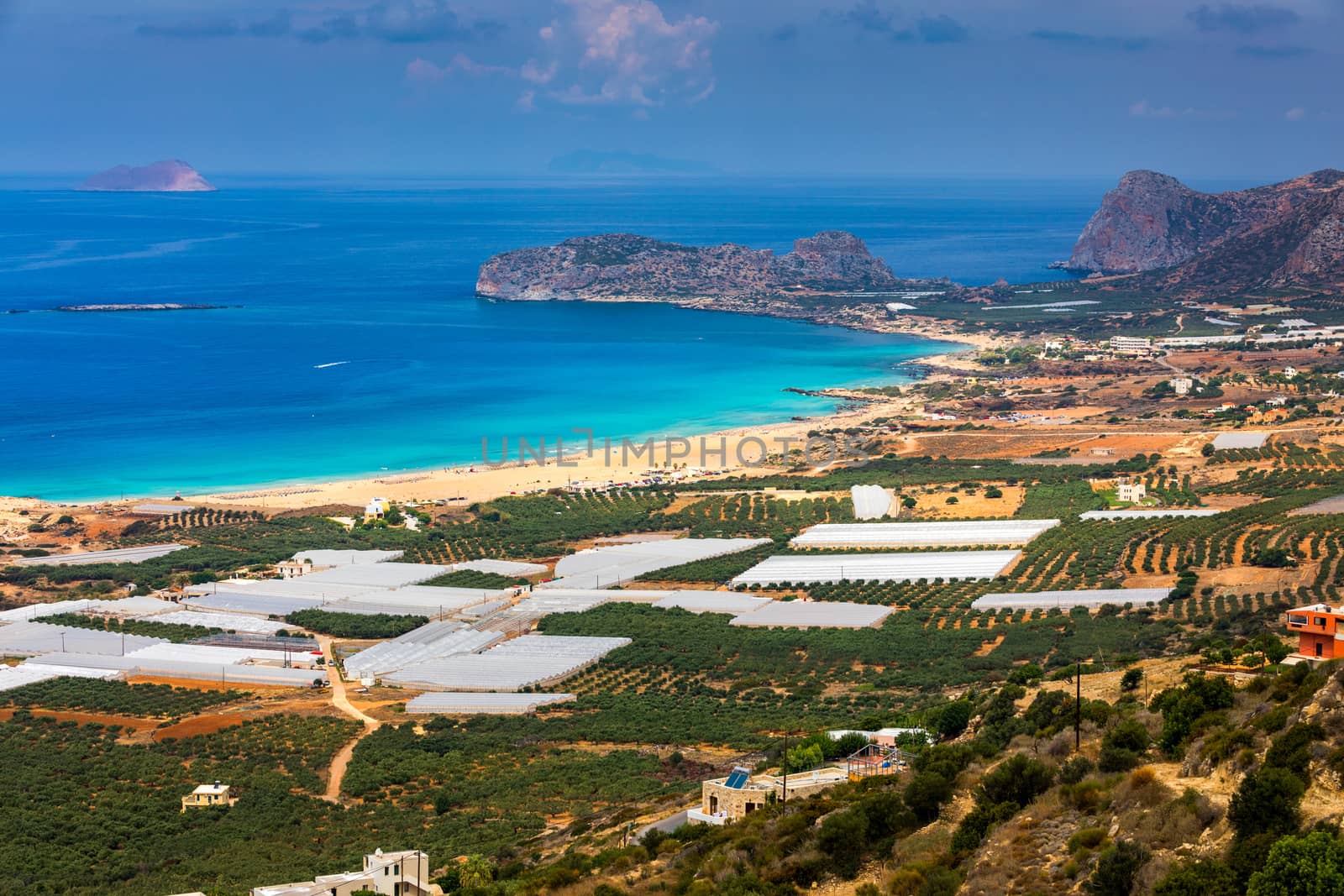 Shot of beautiful turquoise beach Falasarna (Falassarna) in Crete, Greece. View of famous paradise sandy deep turquoise beach of Falasarna (Phalasarna) in North West, Crete island, Greece.