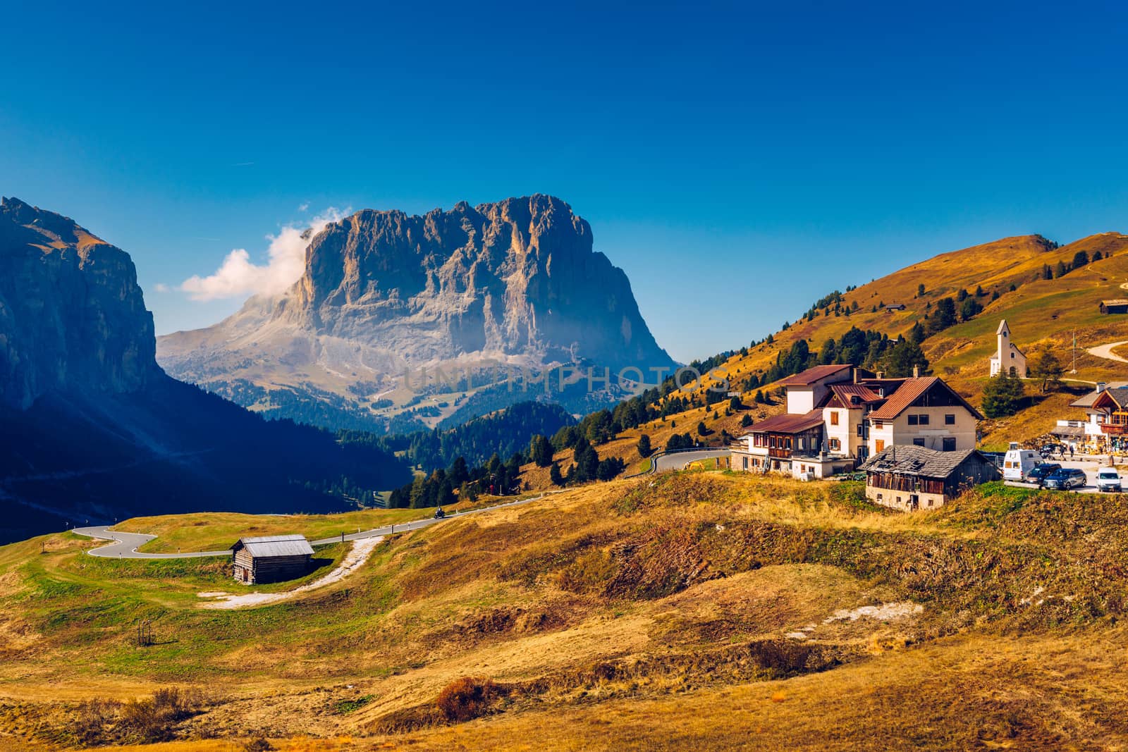 Autumn landscape in Passo Gardena, South Tyrol, Dolomites, Italy. Mountain landscape of the picturesque Dolomites at Passo Gardena area in South Tyrol in Italy. 