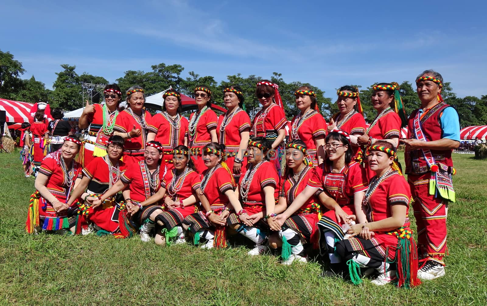 KAOHSIUNG, TAIWAN -- SEPTEMBER 29, 2018: Member of the indigenous Amis tribe in traditional costumes participate in the yearly harvest festival.
