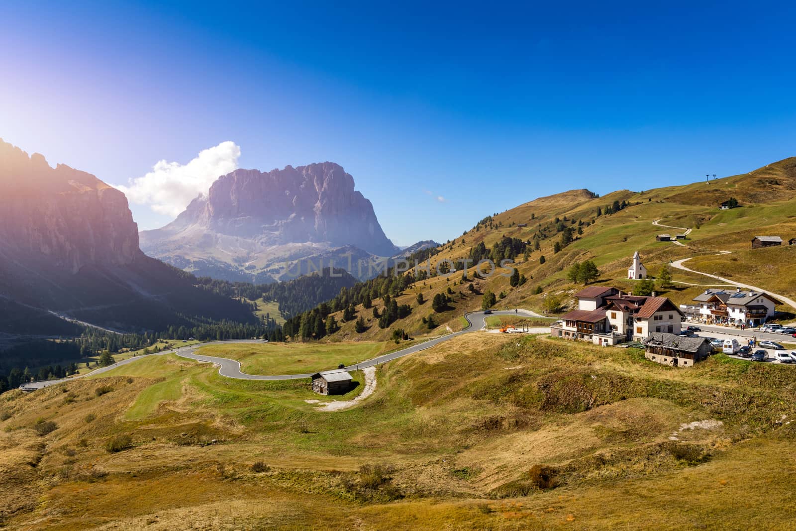 Autumn landscape in Passo Gardena, South Tyrol, Dolomites, Italy. Mountain landscape of the picturesque Dolomites at Passo Gardena area in South Tyrol in Italy. 