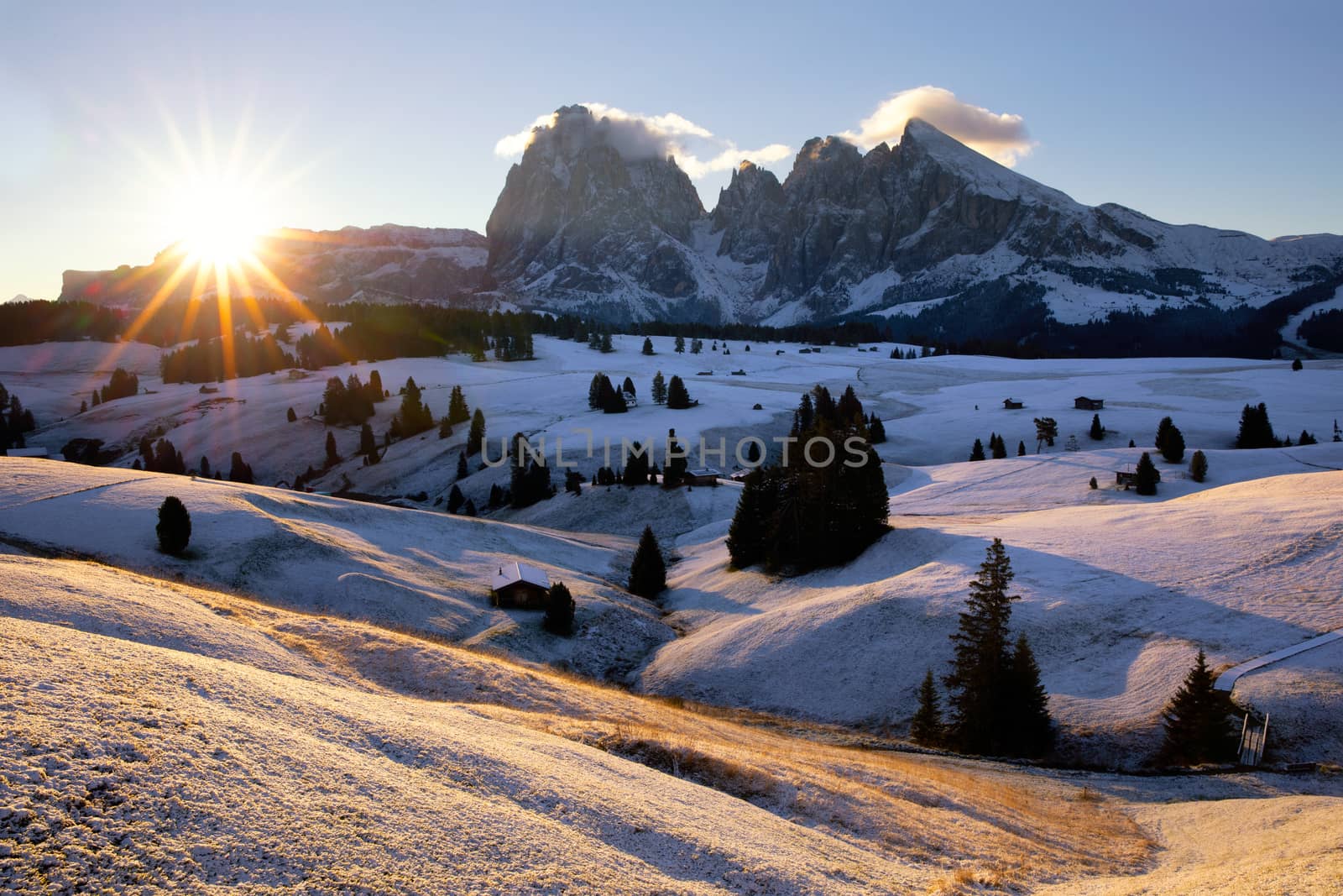 Alpe di Siusi or Seiser Alm with Sassolungo, Langkofel mountain group in background. Alpe di Siusi or Seiser Alm, Sassolungo and Sassopiatto mountains, Trentino Alto Adige, Sud Tyrol, Italy, Europe.
