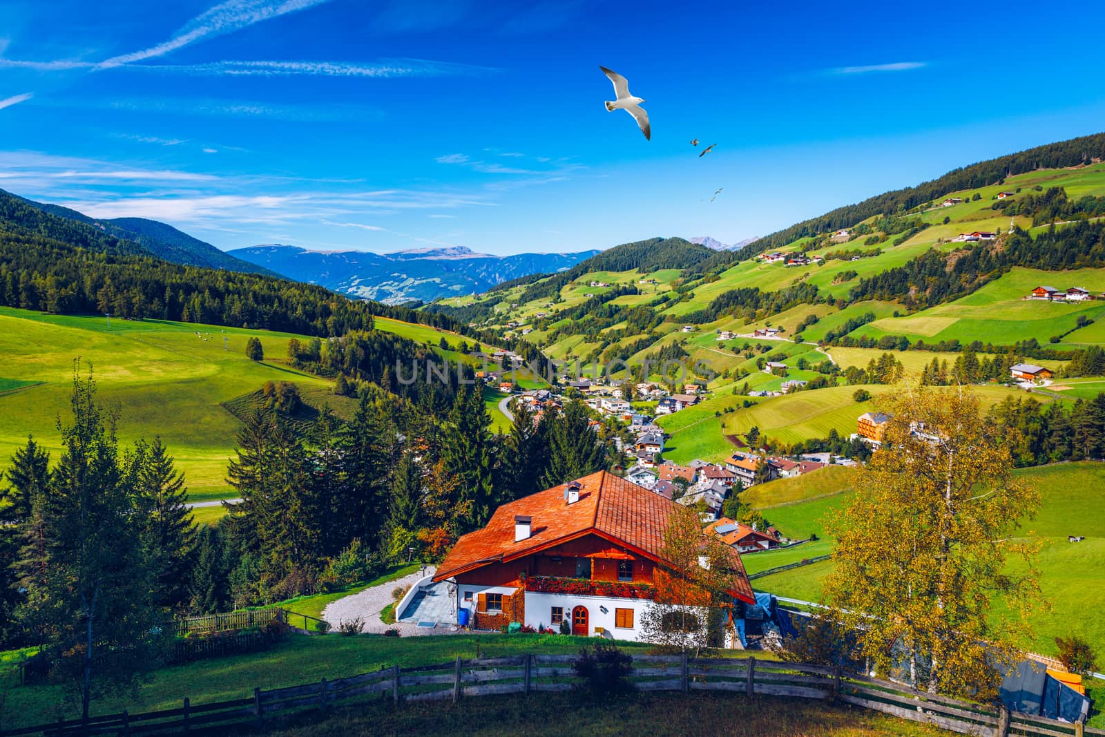 Santa Maddalena (Santa Magdalena) village with magical Dolomites mountains in background, Val di Funes valley, Trentino Alto Adige region, South Tyrol, Italy, Europe. Santa Maddalena Village, Italy. 