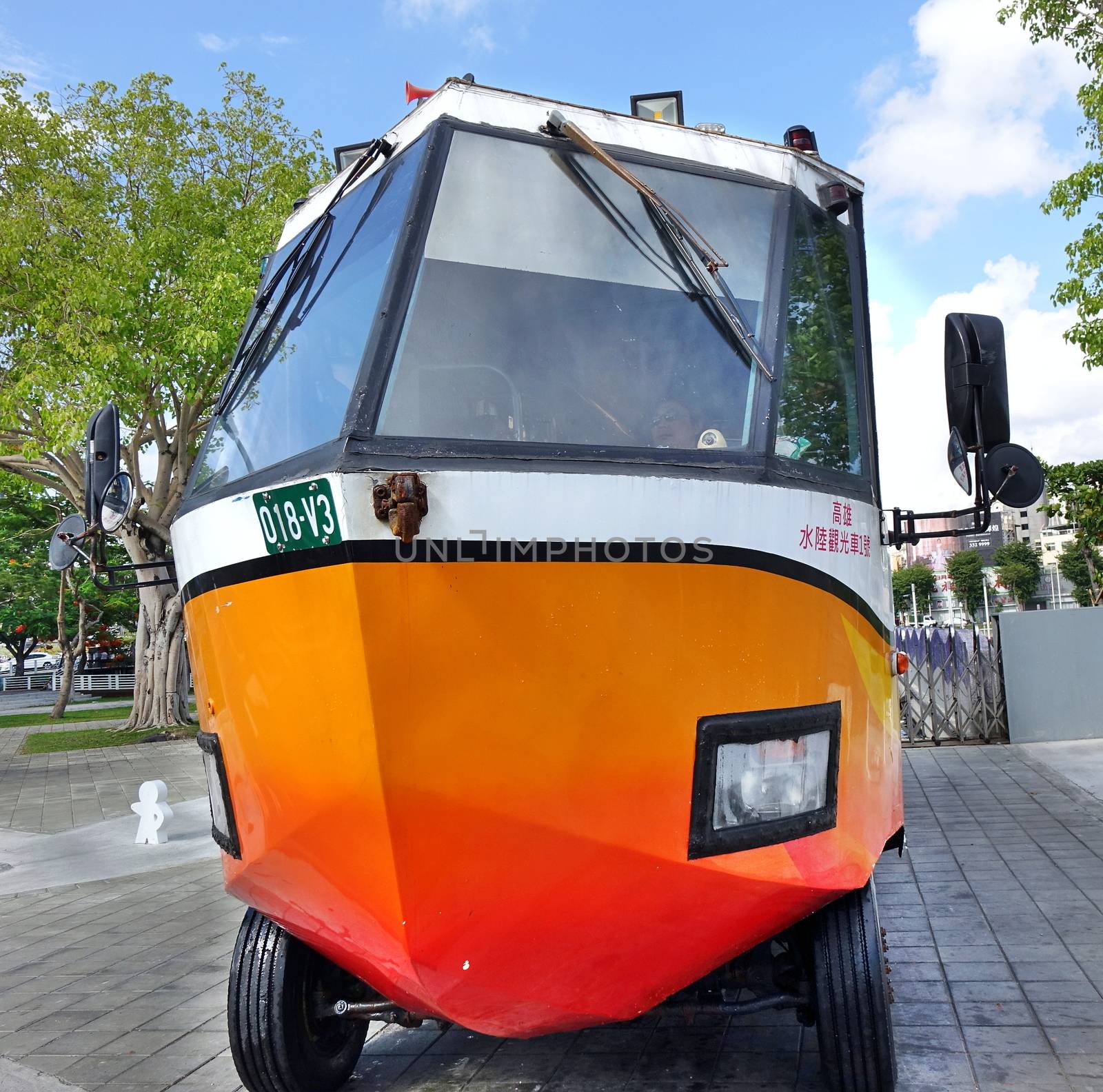 KAOHSIUNG, TAIWAN -- JUNE 10, 2018: This amphibious tourist bus shows visitors to Kaohsiung its attractions from land and from water.
