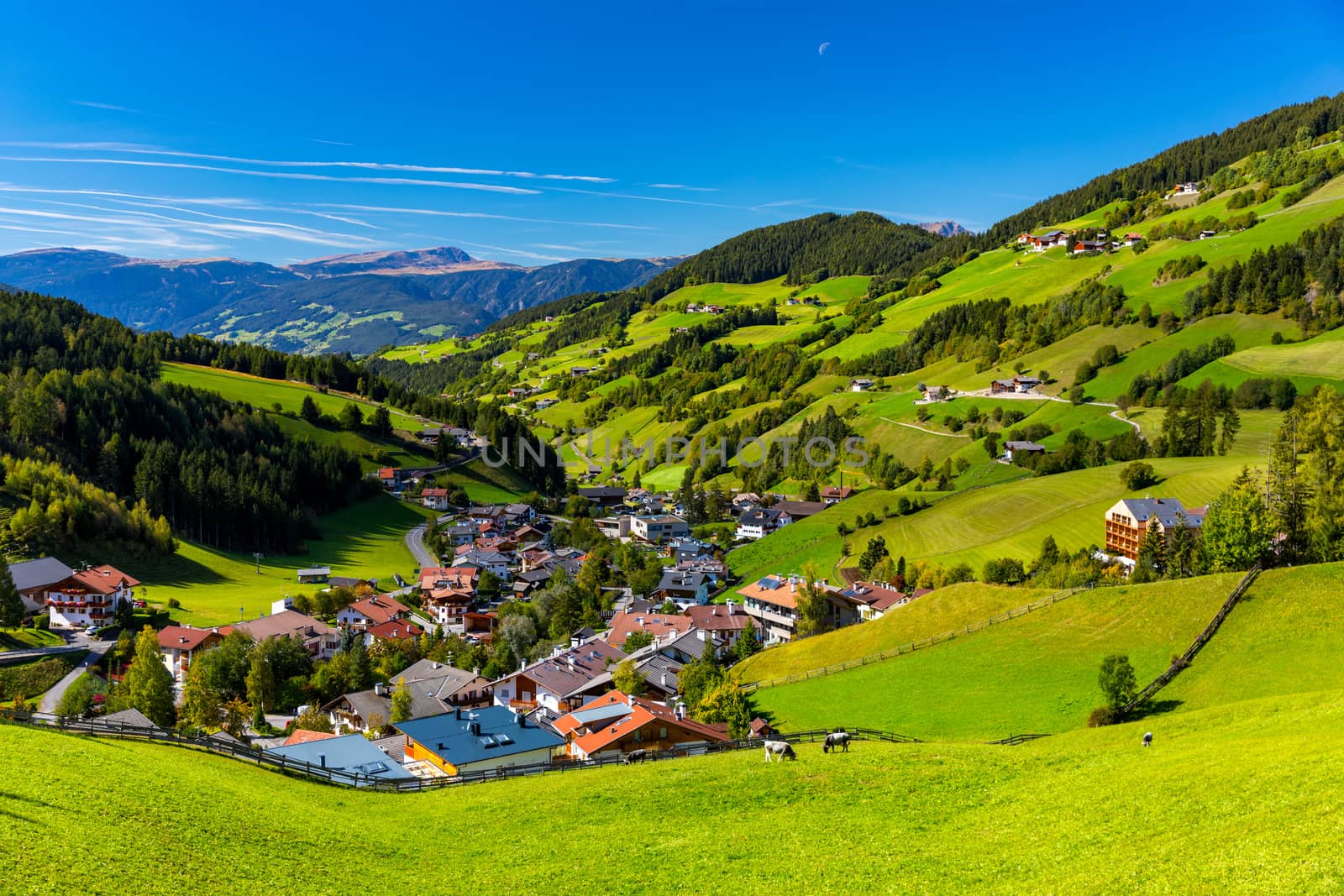 Santa Maddalena (Santa Magdalena) village with magical Dolomites mountains in background, Val di Funes valley, Trentino Alto Adige region, South Tyrol, Italy, Europe. Santa Maddalena Village, Italy. 