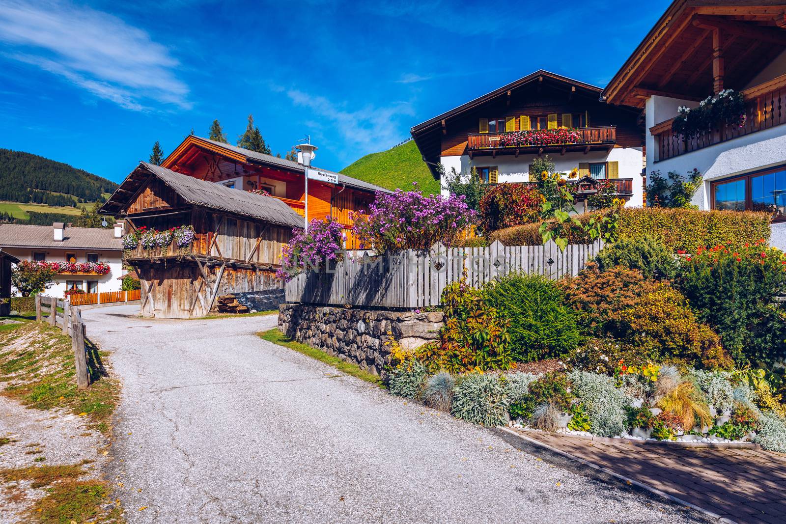 Street view of Santa Maddalena (Santa Magdalena) village, Val di Funes valley, Trentino Alto Adige region, South Tyrol, Italy, Europe. Santa Maddalena Village, Italy. 
