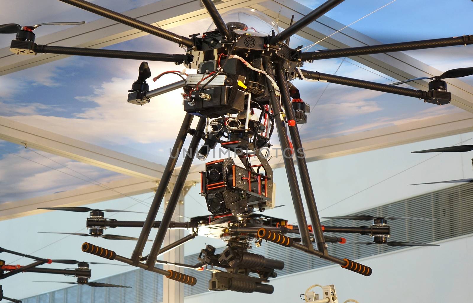 KAOHSIUNG, TAIWAN -- SEPTEMBER 29, 2018: Drones eqipped with electronics and weapons are on display at the Kaohsiung International Maritime & Defence Expo
