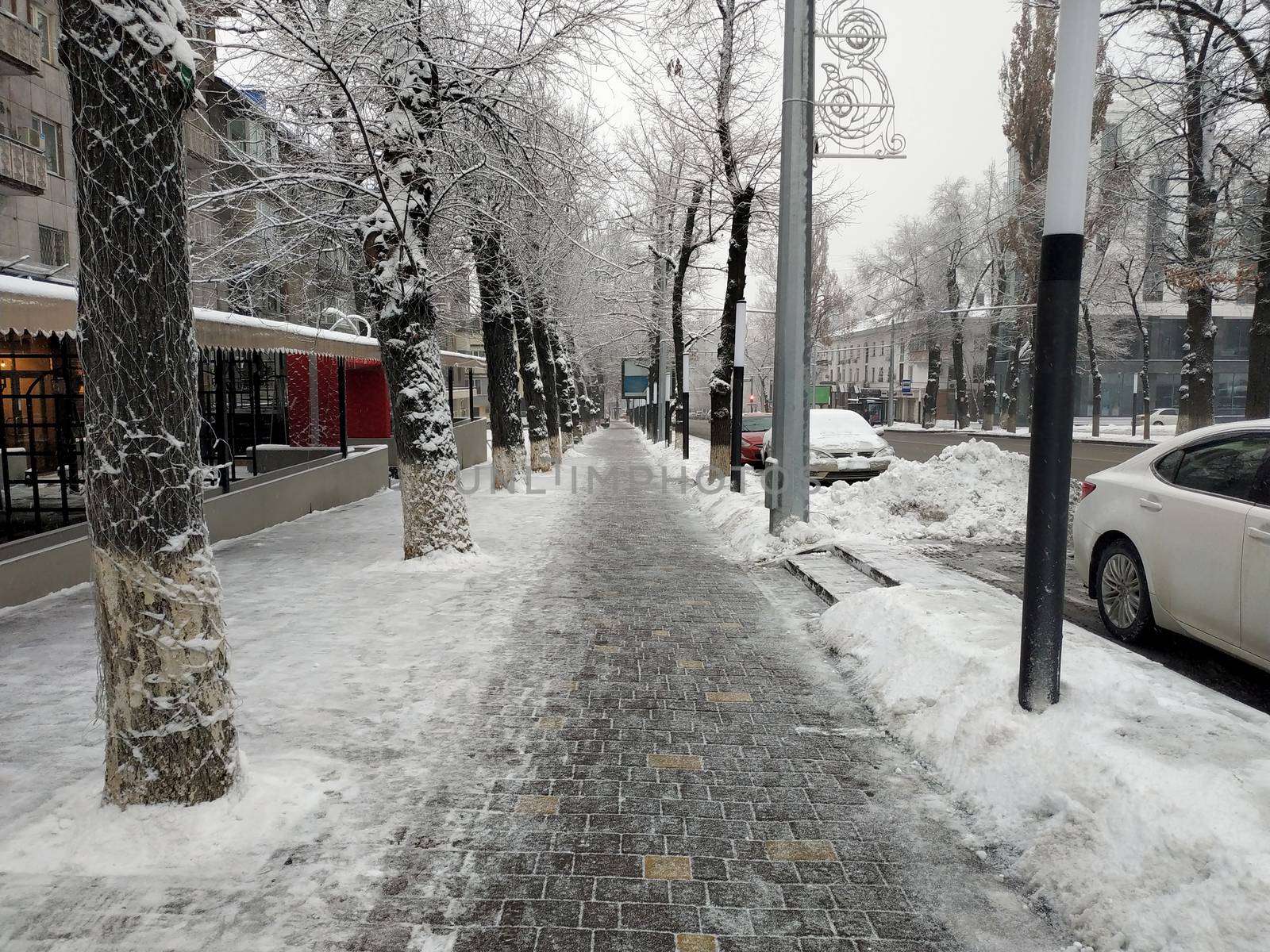 Walking path along Abylay Khan Avenue, Almaty, Kazakhstan