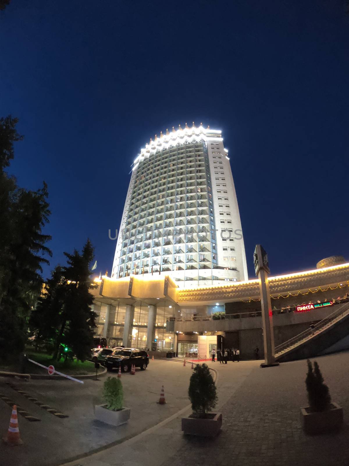 Almaty, Kazakhstan - August 8, 2019: Hotel "Kazakhstan". It is a famous historical monument in center of Almaty city. Built in 1977.