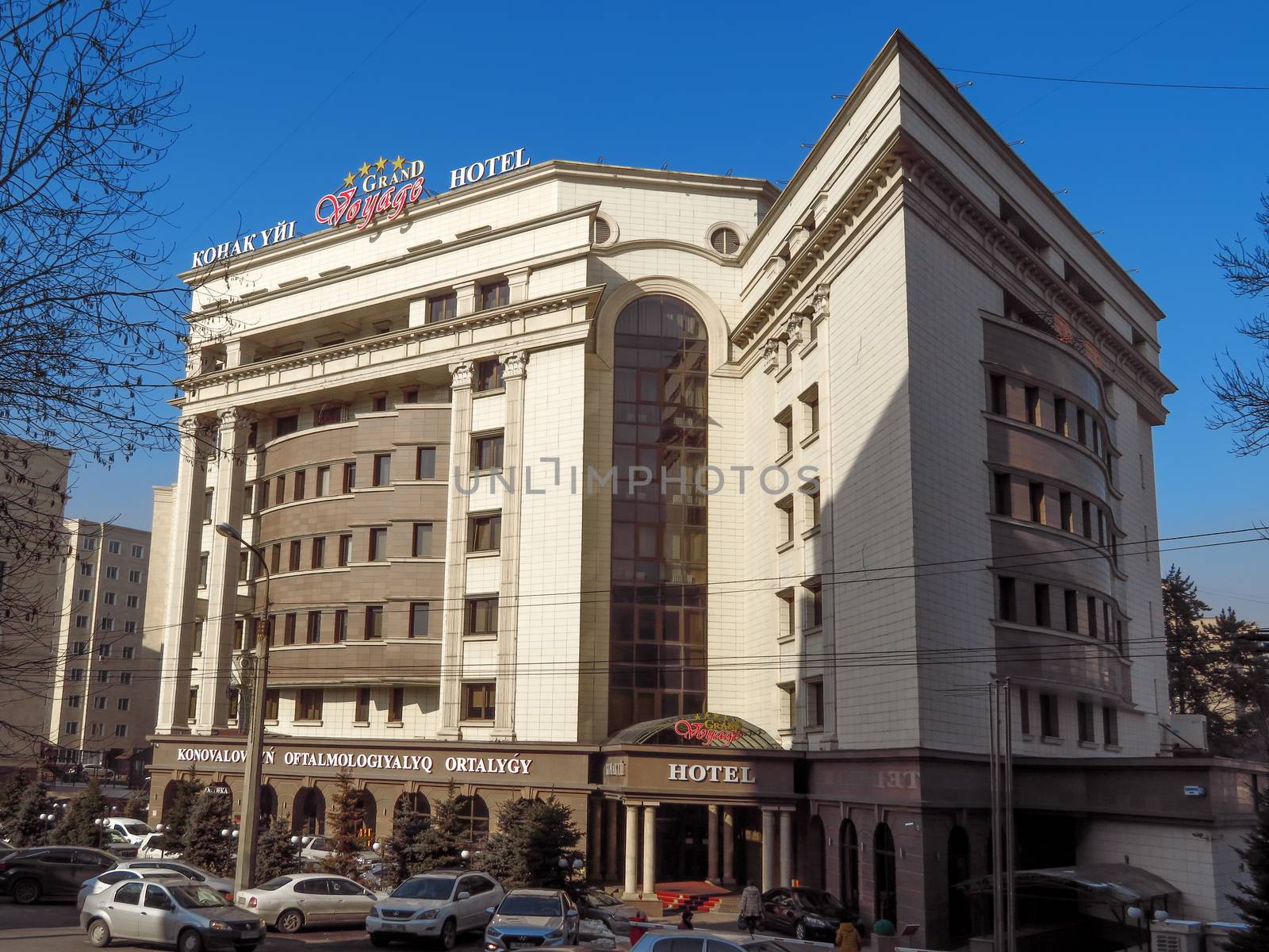 Almaty, Kazakhstan - January 25, 2019: Hotel Grand Voyage and Konovalov's Ophthalmology Clinic are located in the city of Almaty