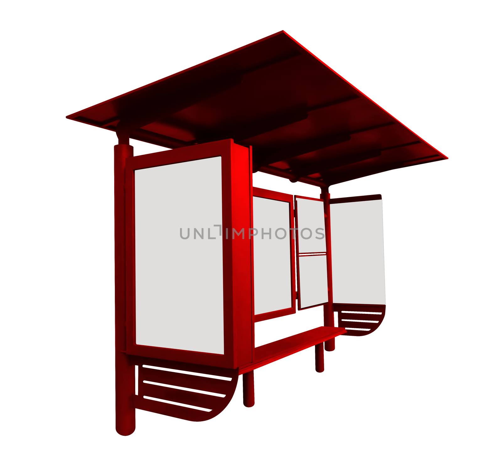 Red bus stop with blank banner isolated on white background. Clipping path included.