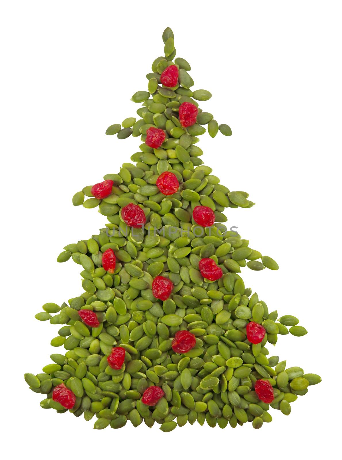Christmass spruce made from pumpkin seeds isolated on white. Clipping Path included.