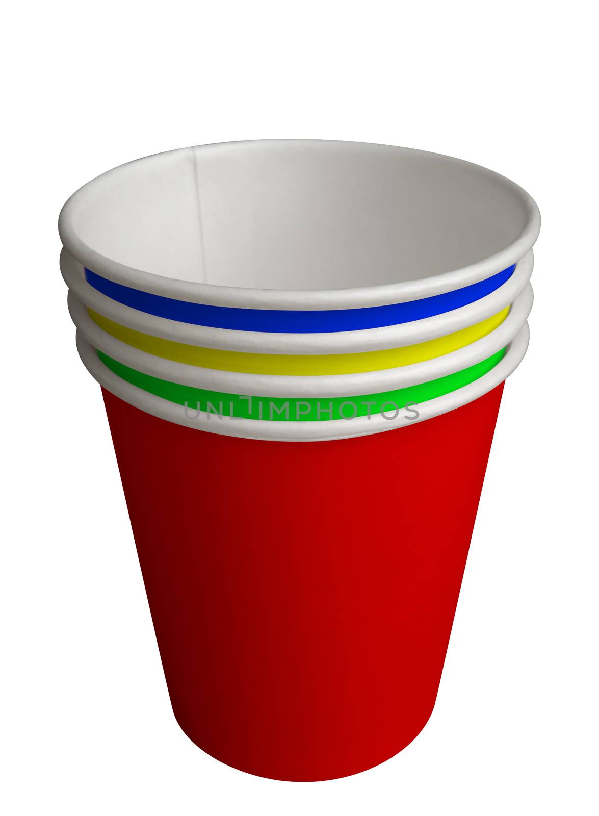 Empty colorful paper cups isolated on white. Clipping path included.