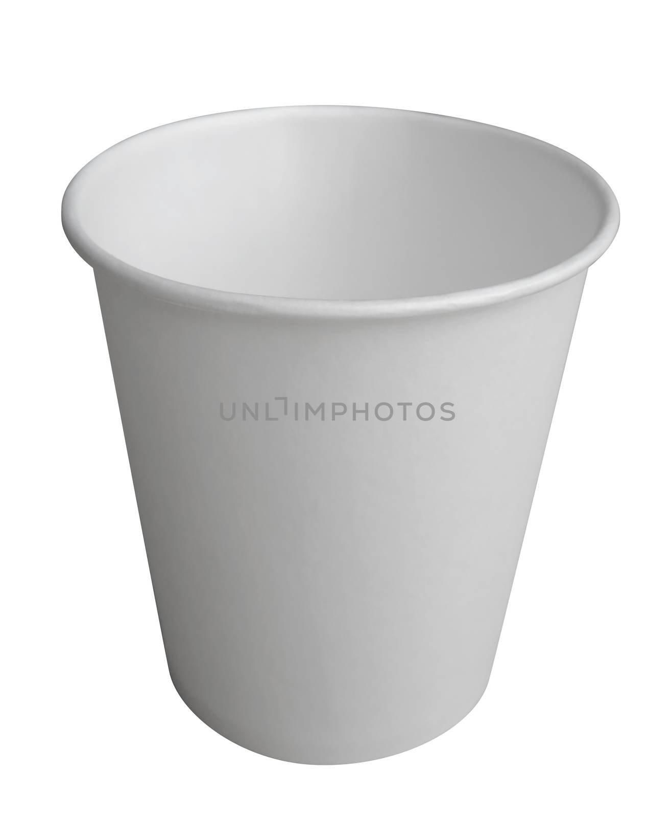 Empty white paper cup isolated on white. Clipping path included.