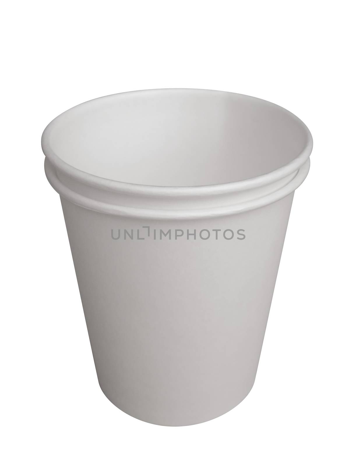 Empty white paper cup isolated on white. Clipping path included.