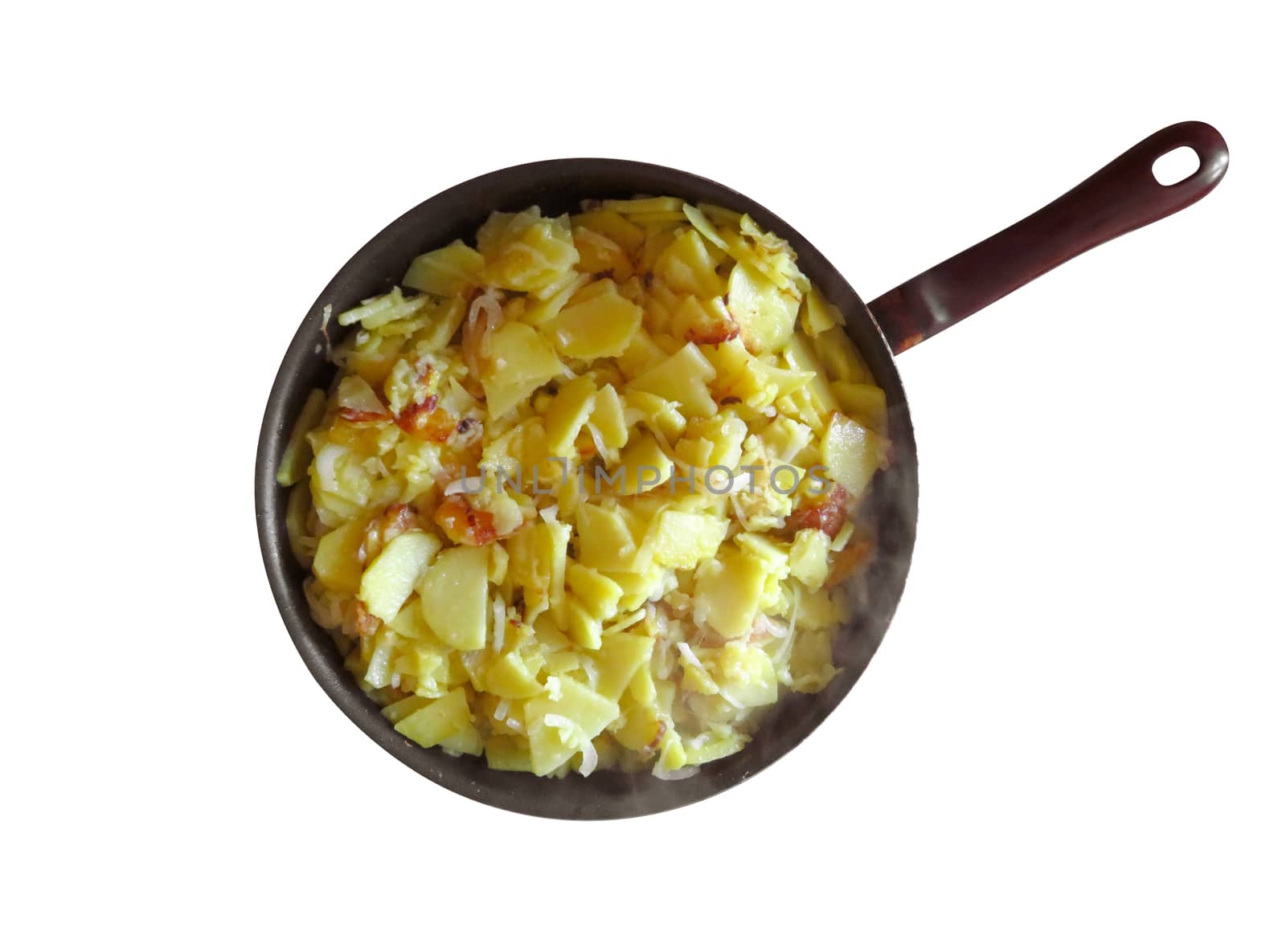 Frying pan with fried potatoes isolated on white background. Clipping Path included.