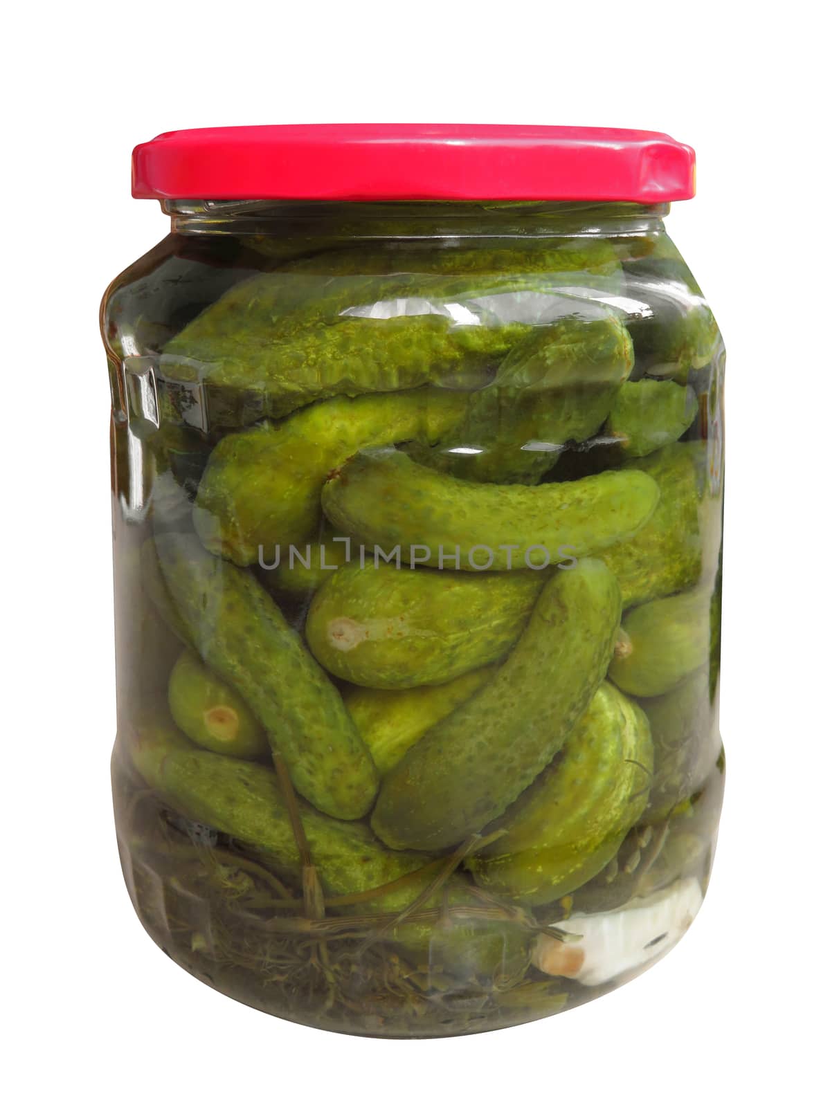 Glass jar with pickled cucumbers isolated on white background. Clipping Path included.