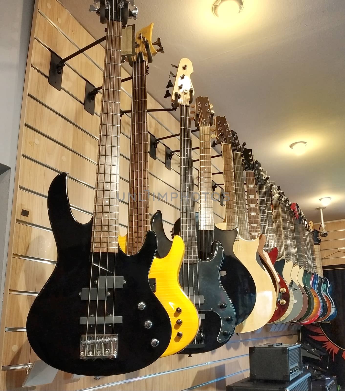 Hanging guitars in a row on the wall in the music shop