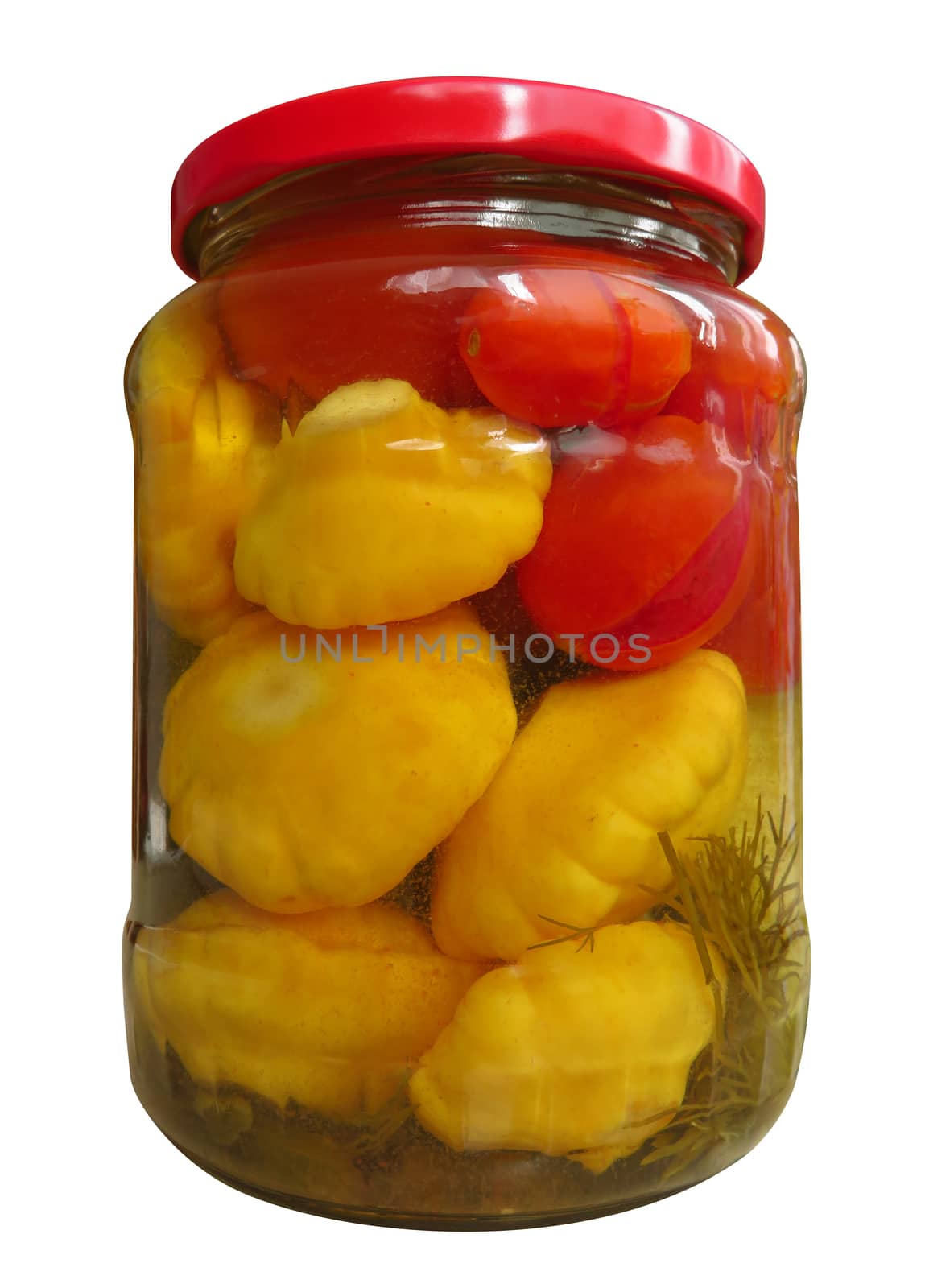 Jar of canned tomatoes and squash isolated on white. Clipping path included.