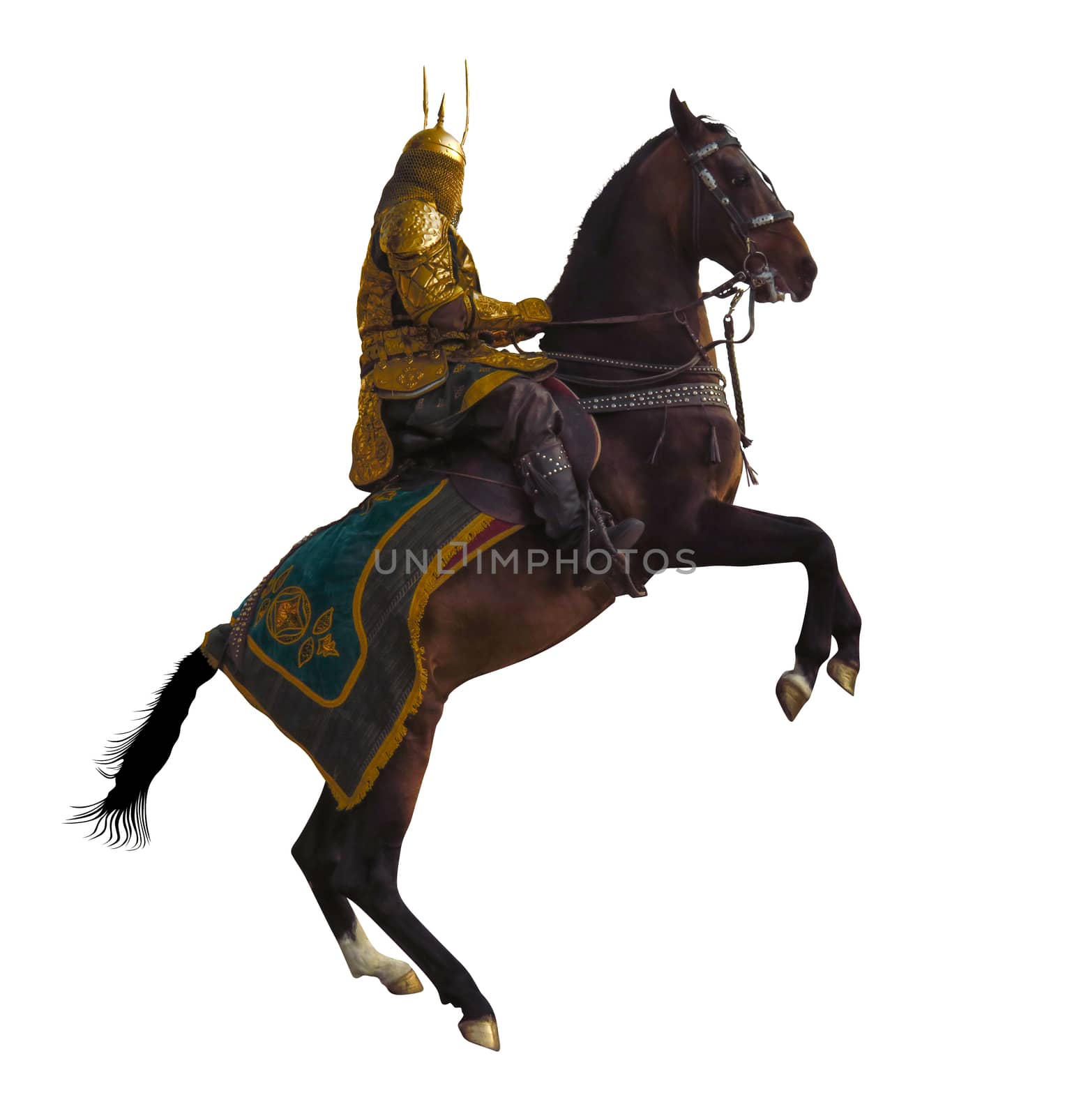 Kazakh horse rider in a national costume on the horse isolated on white background. Clipping Path included.