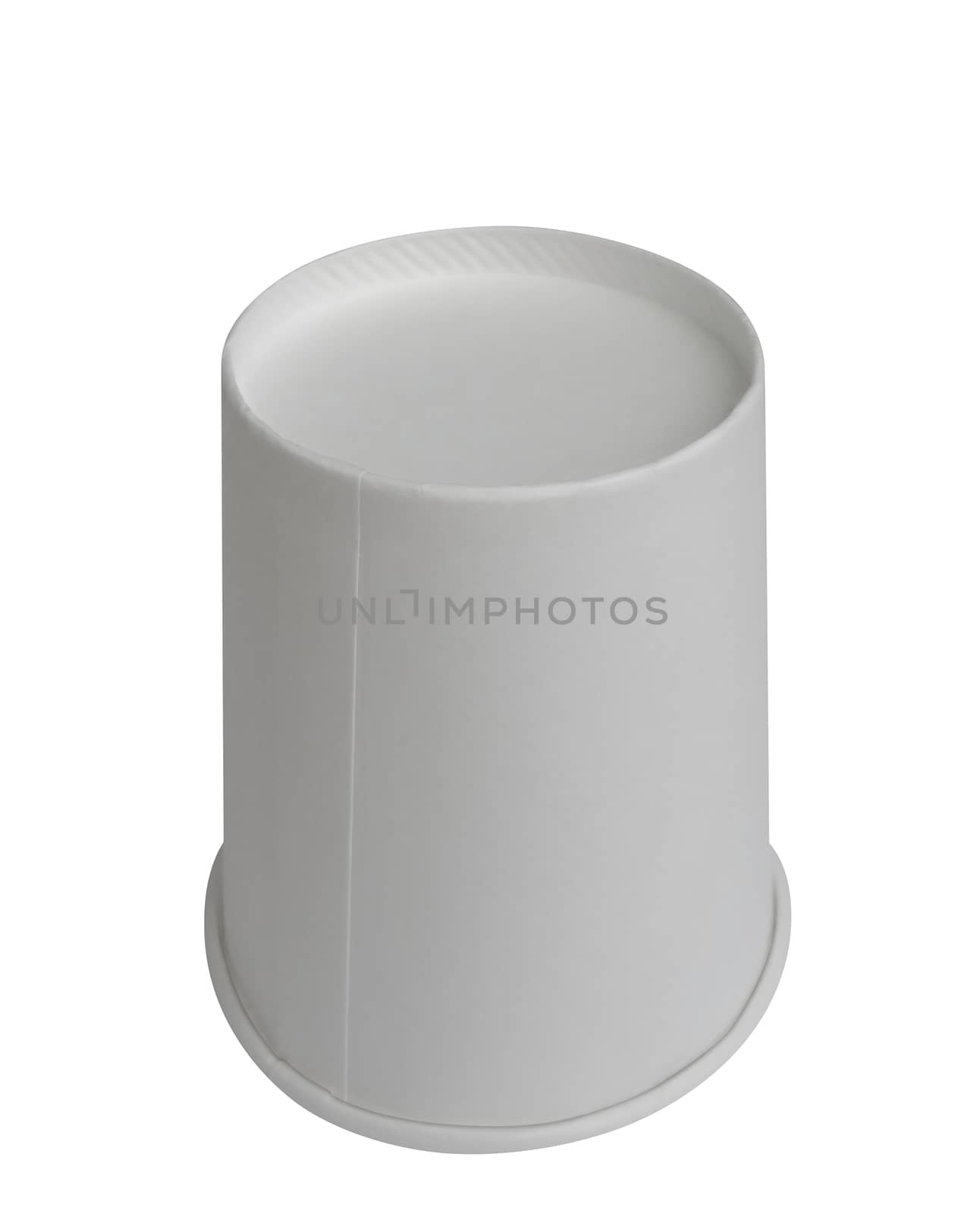 Inverted white paper cup isolated on white. Clipping path included.