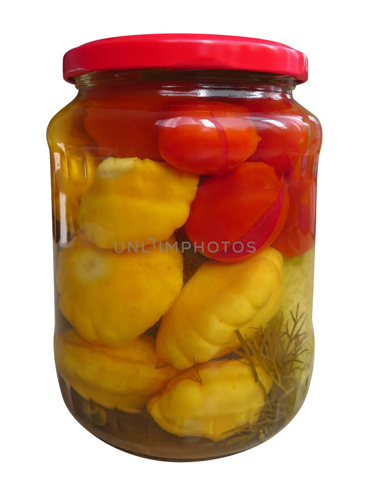 Jar of canned tomatoes and squash isolated on white. Clipping path included.