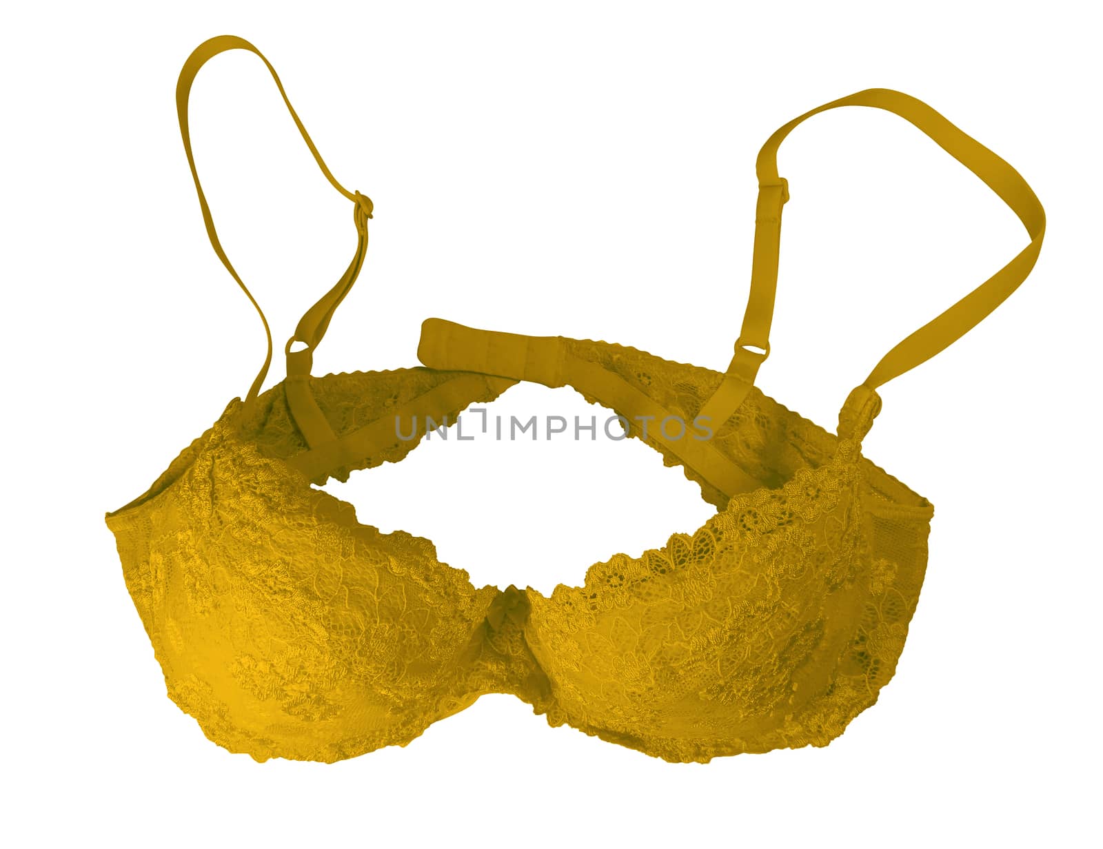 Yellow lace brassiere isolated on white. Clipping Path included.