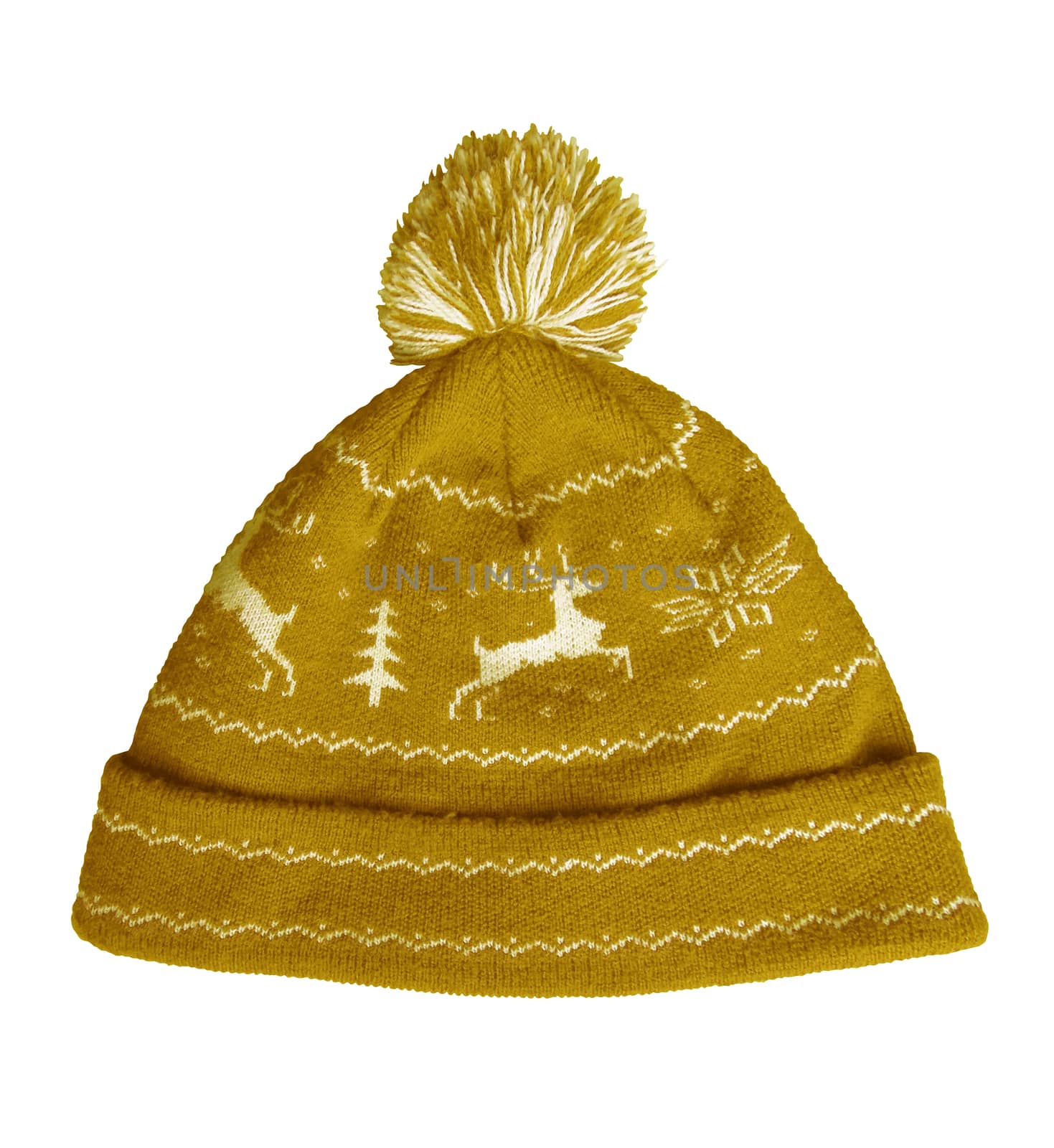Yellow knitted hat isolated on white background. Clipping Path included.