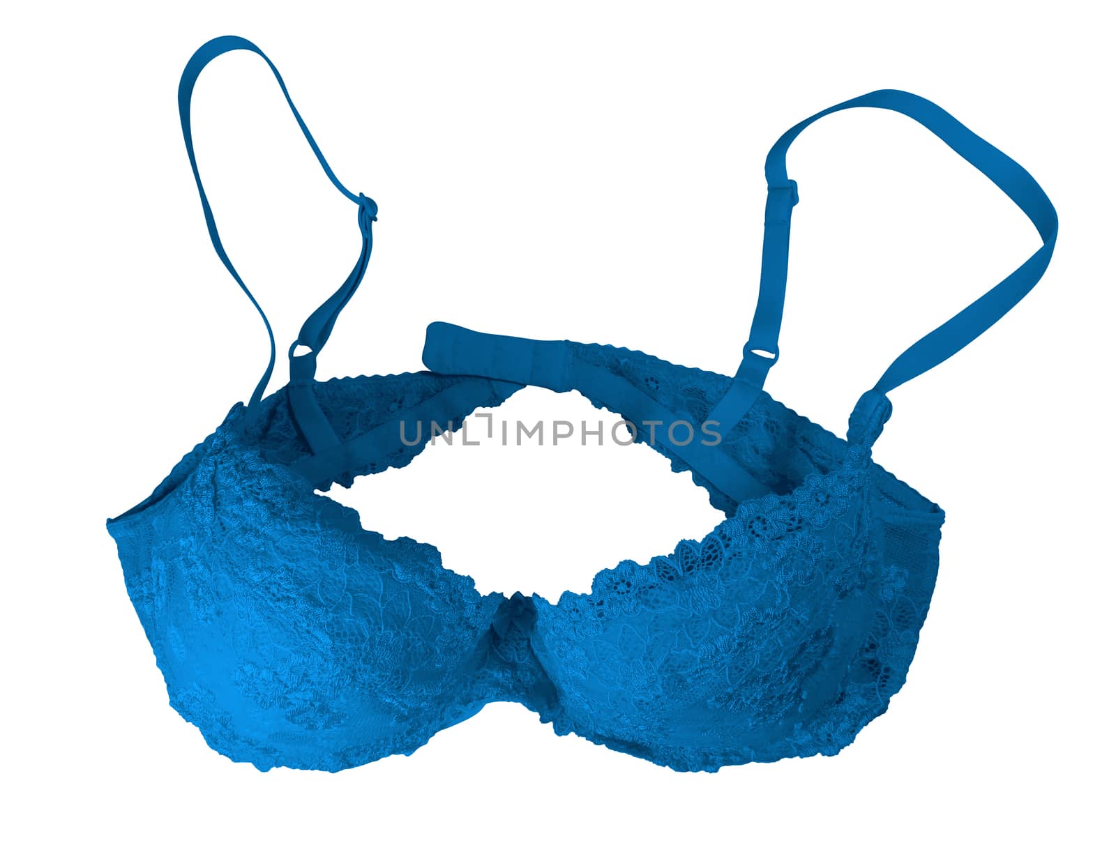 Blue lace brassiere isolated on white. Clipping Path included.