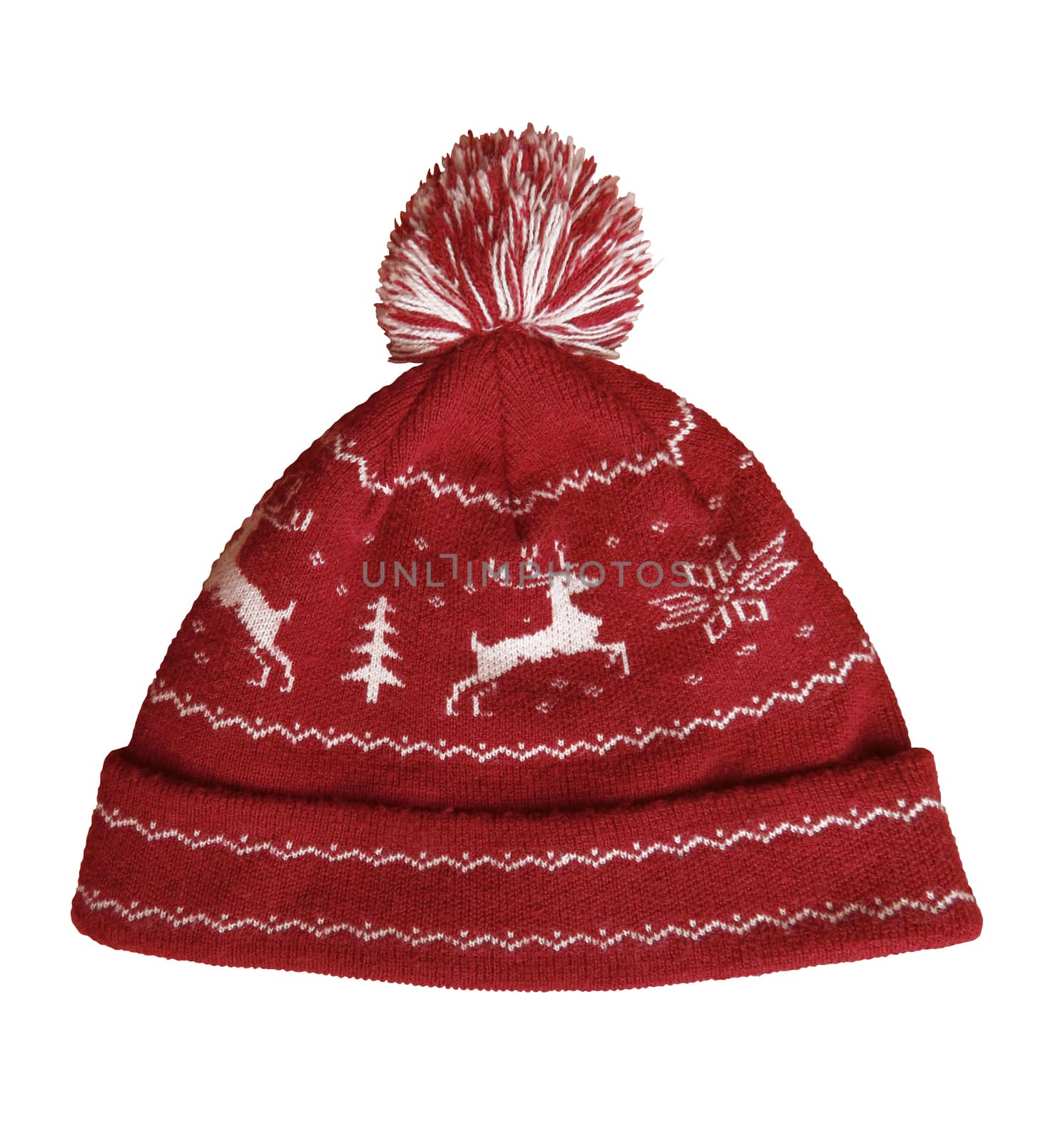 Red knitted hat isolated on white background. Clipping Path included.