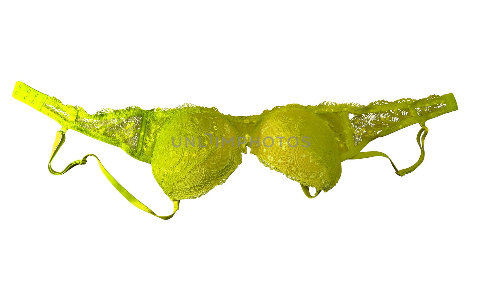 Yellow lace brassiere isolated on white. Clipping Path included.
