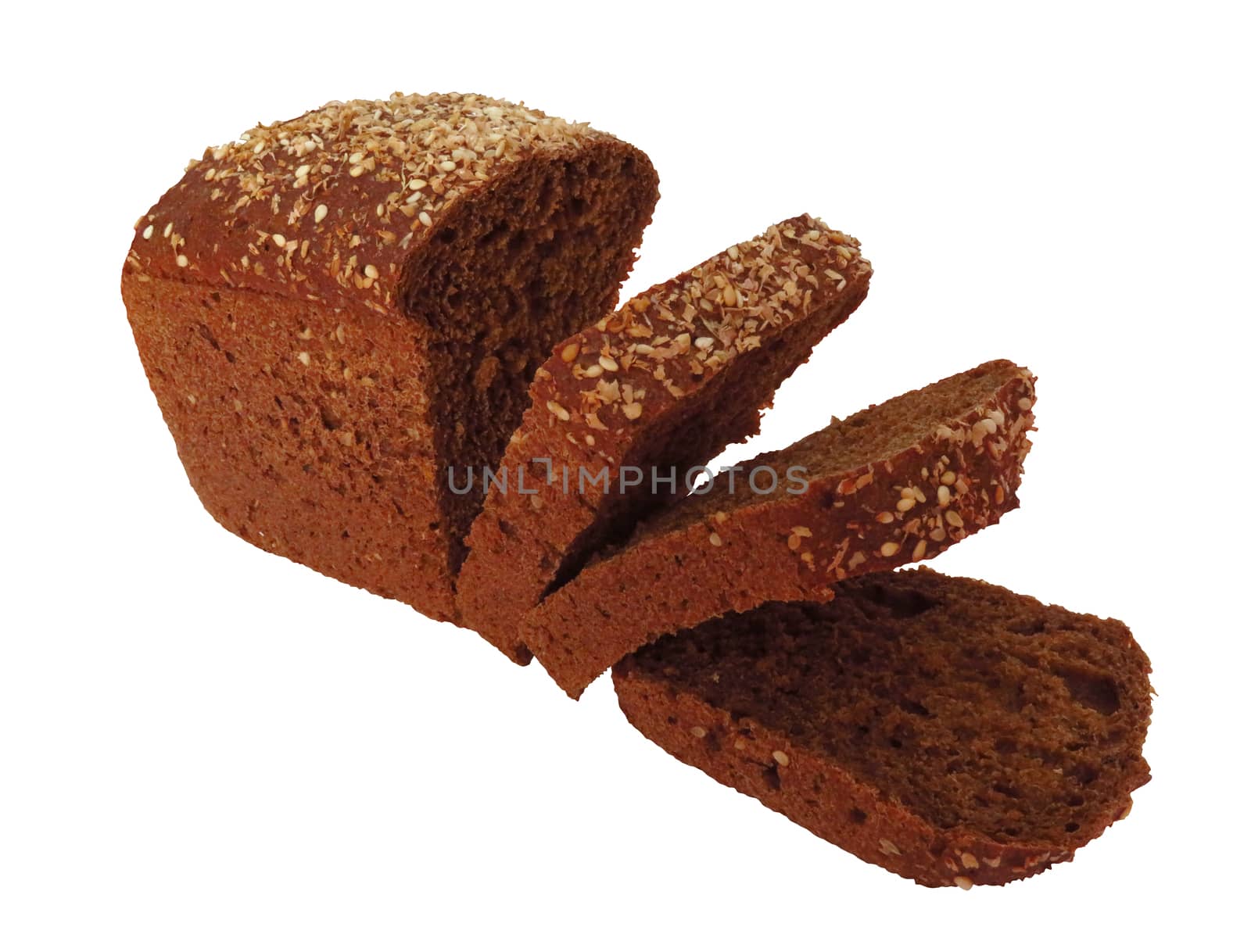 Loaf and slices of rye bread with linseeds and sunflower seeds isolated on white. Clipping Path included.