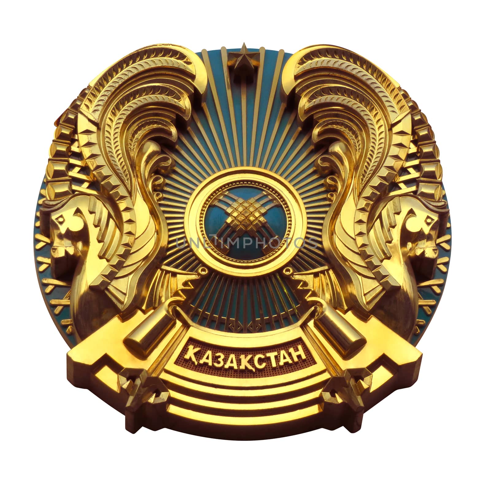 National emblem of Kazakhstan isolated on white. Clipping path included.