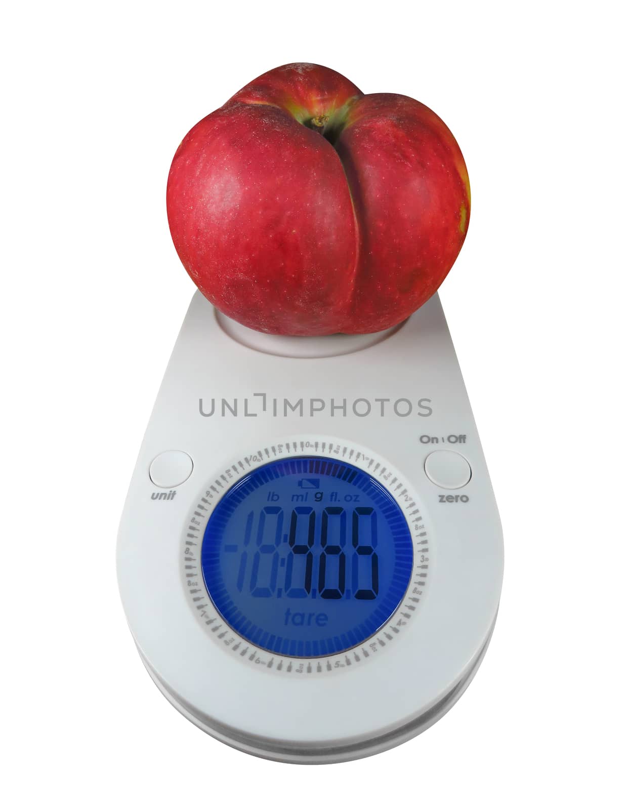 Red apple on kitchen scales isolated on white. Clipping Path included.