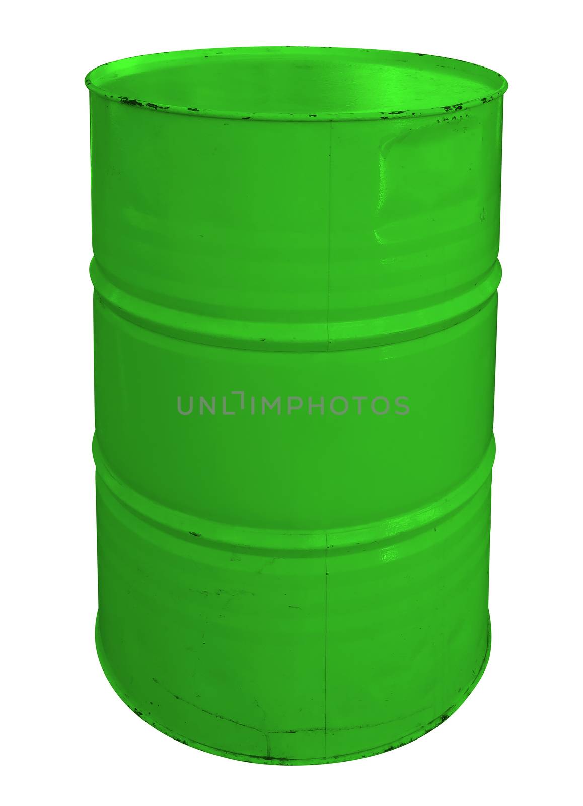 Single green metallic barrel, isolated on white background. Clipping Path included.