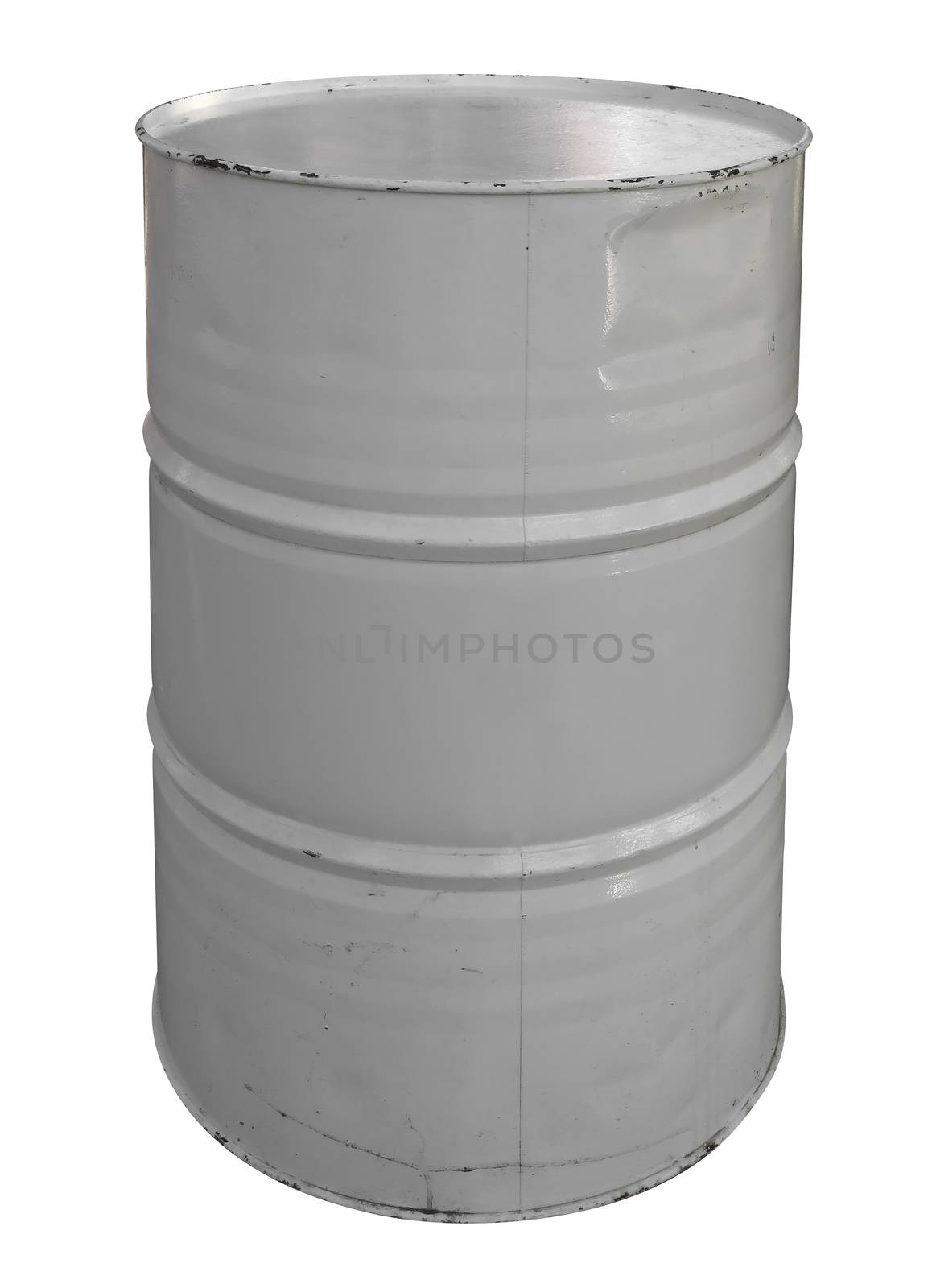 Single white metallic barrel, isolated on white background. Clipping Path included.