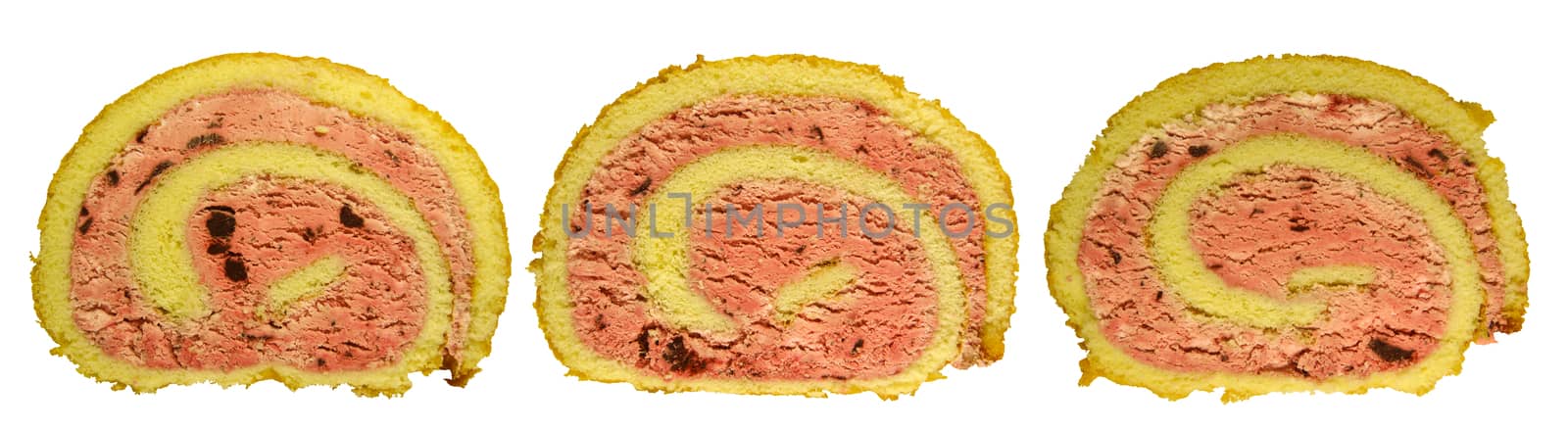 Slicies of sponge cake roll isolated on white background, with berry cream. Photo with clipping path.