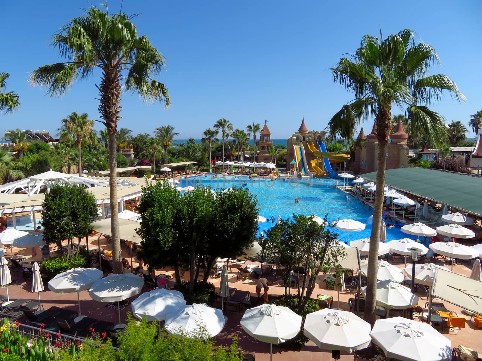 Belek, Turkey - June 24, 2019: Pool of the Belek Beach Resort Hotel. This hotel is a fashionable place of tourists. Was rebuilt  in 2005.