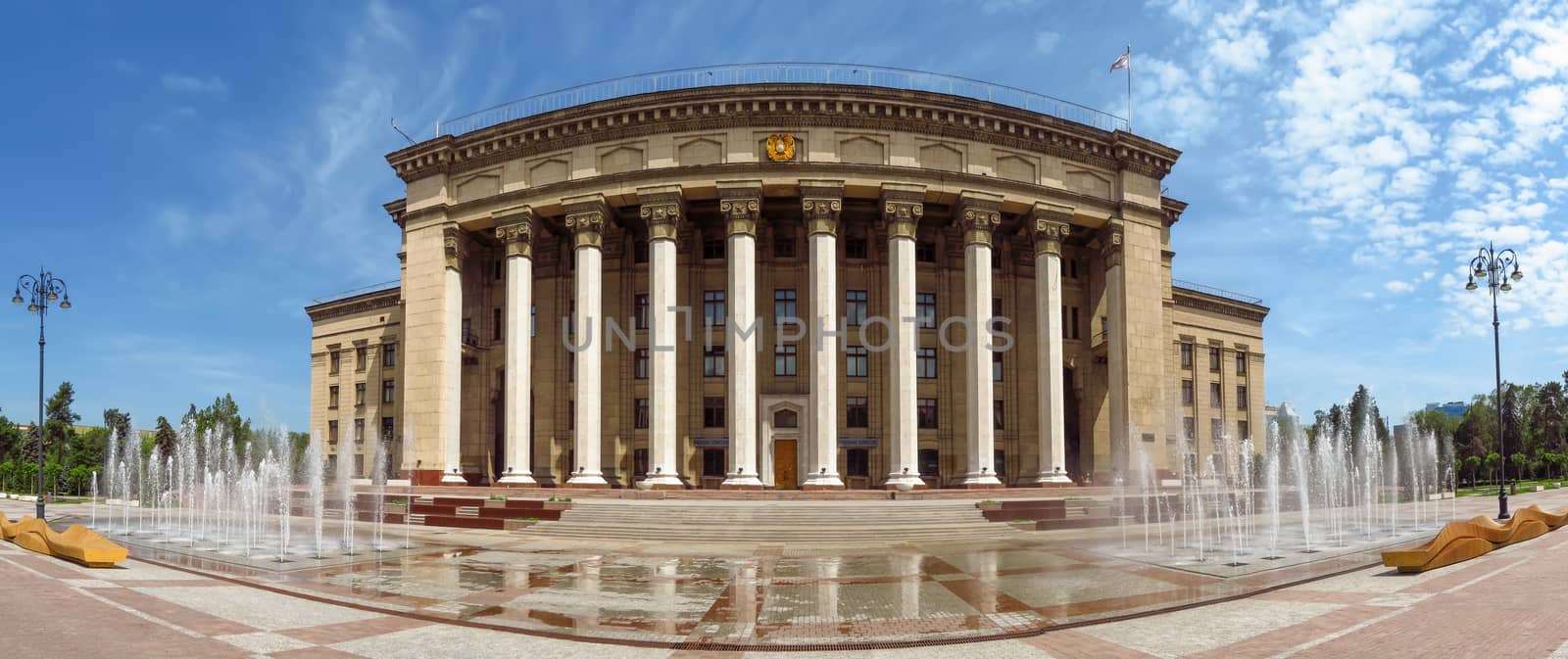 Panoramic view to Old Square and Government House in Almaty, Kazakhstan.