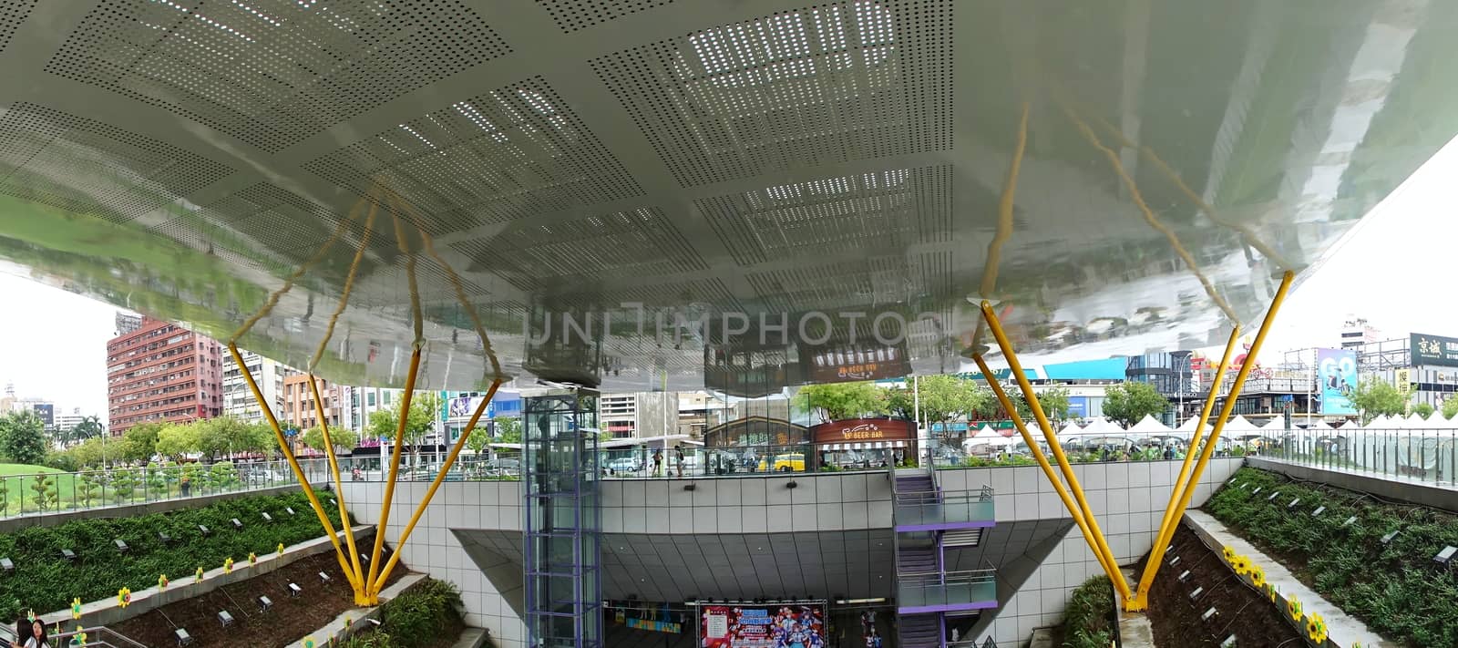 KAOHSIUNG, TAIWAN -- AUGUST 18, 2018: The modern design of the Central Park Station exit of the Kaohsiung subway system.
