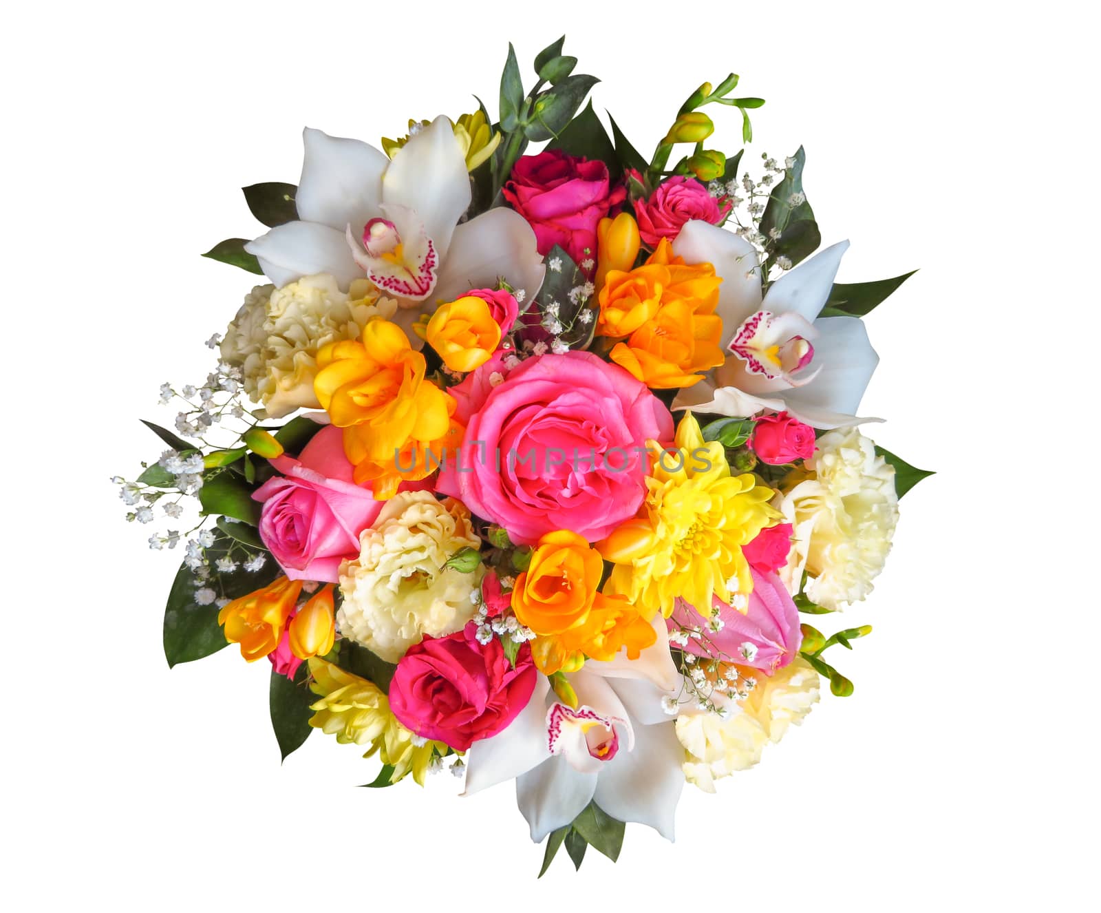 Colorful bouquet of different flowers isolated on white with Clipping Path