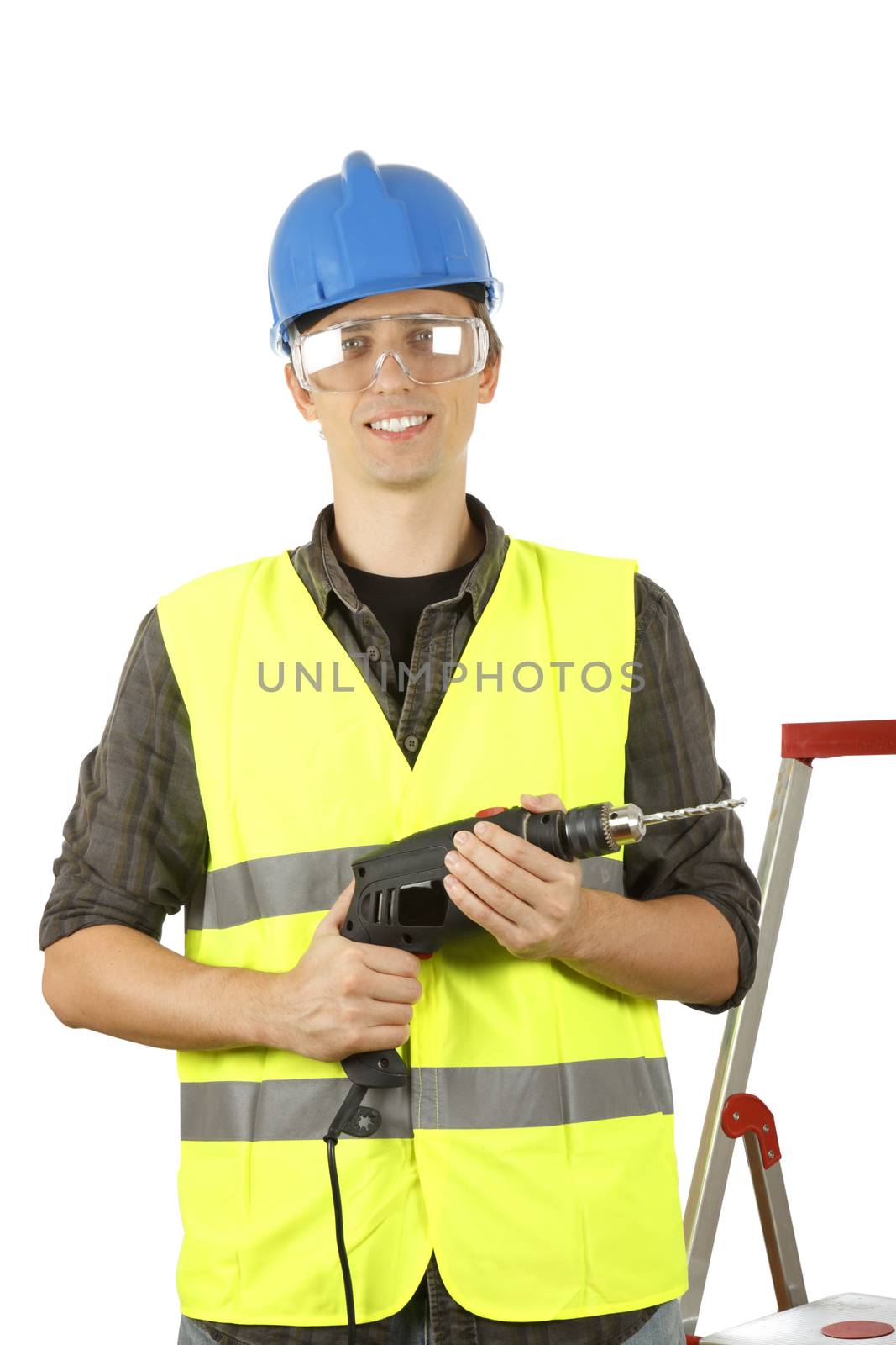 Worker man holding a power drill.
––––
[url=http://www.istockphoto.com/file_search.php?action=file&lightboxID=8026155&perPage=30&showContributor=true&showDownload=true&showTitle=true&order=4&within=1][img]http://www.penelopecayero.com/stock/isolated_people.jpg[/img][/url]