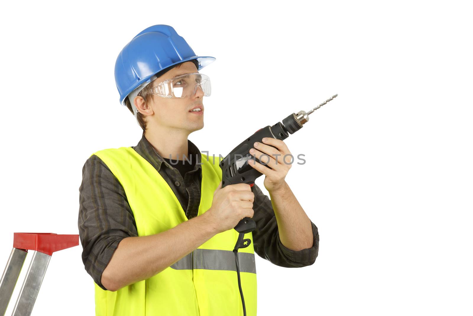 Worker man with a drill. Isolated on white.