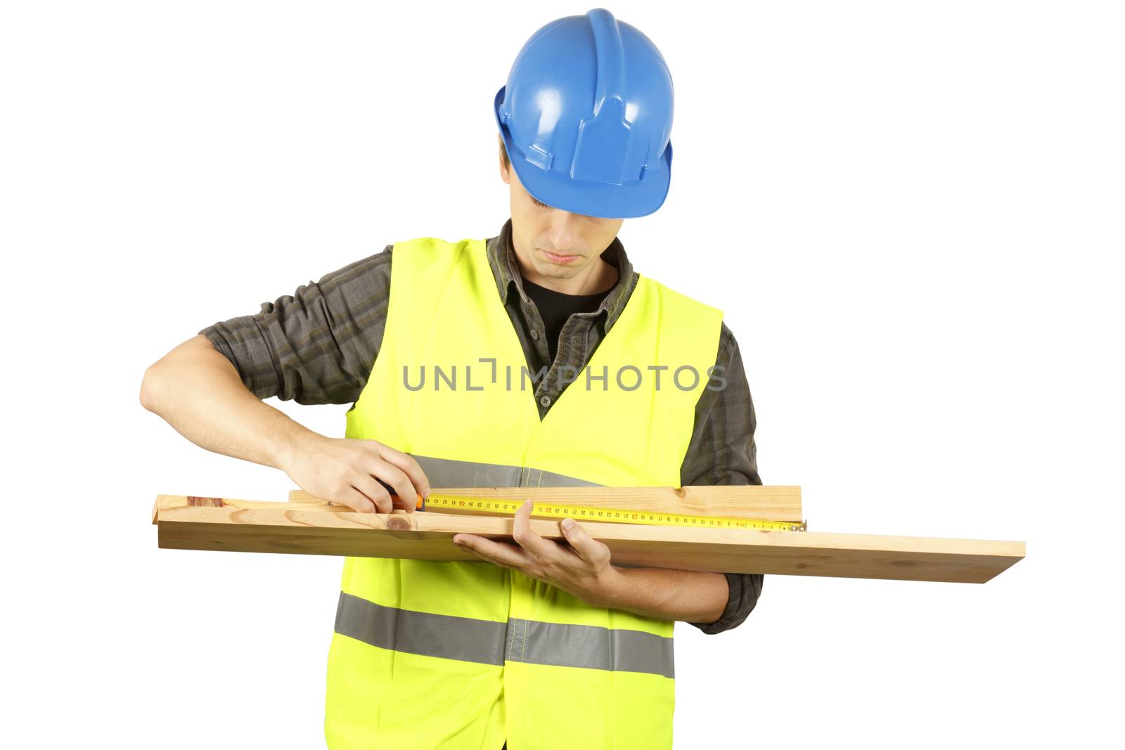 Worker man measuring a plank. Over white