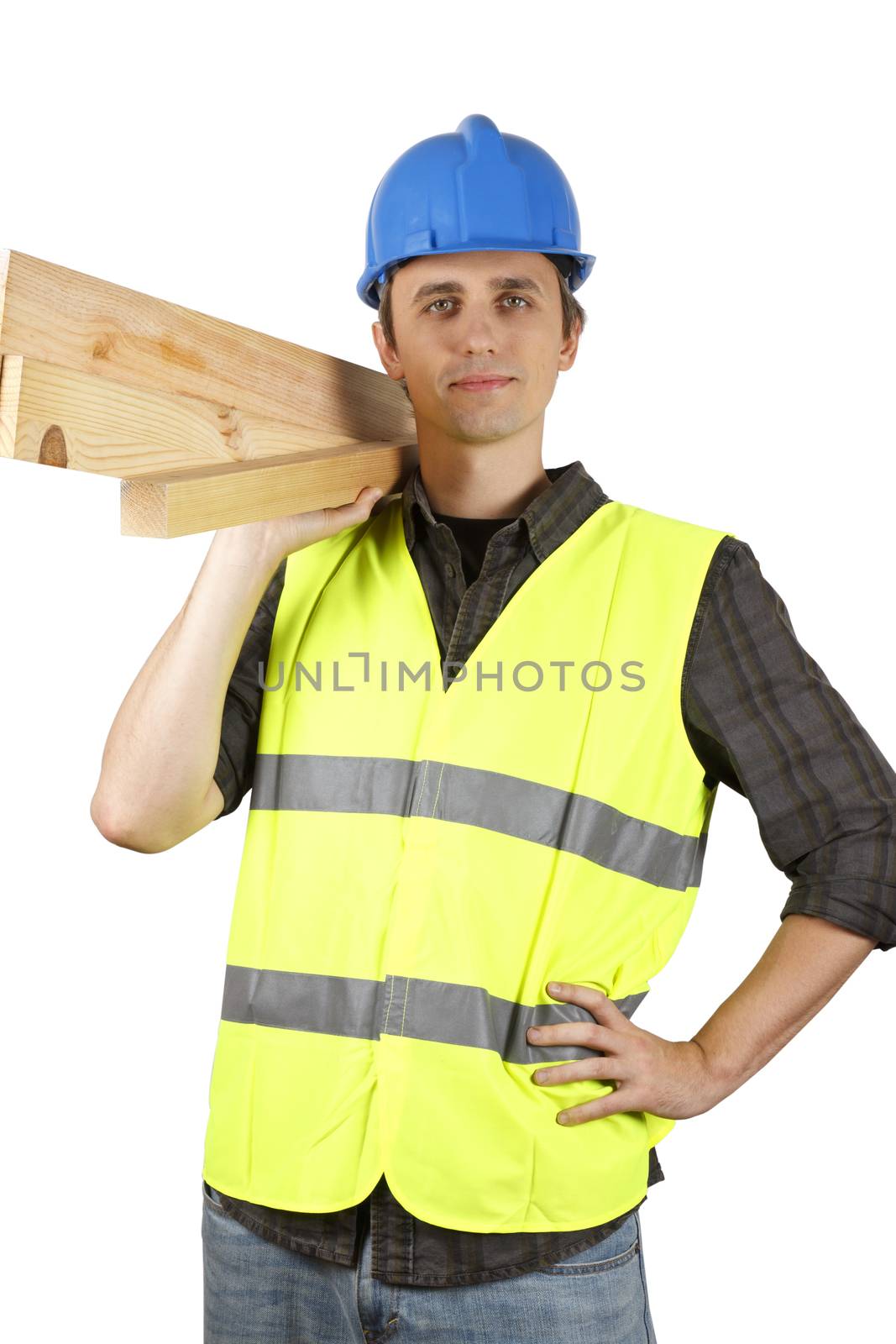 Worker man holding planks. Over white.