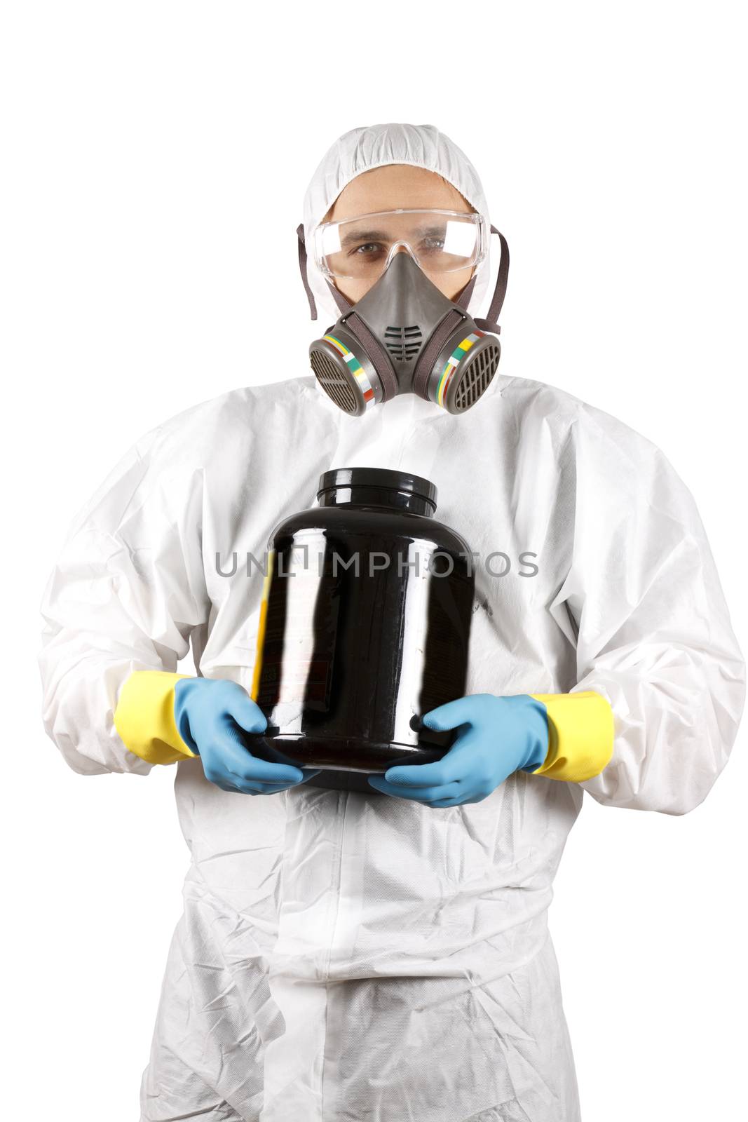 Scientist carrying a black plastic storage jar.