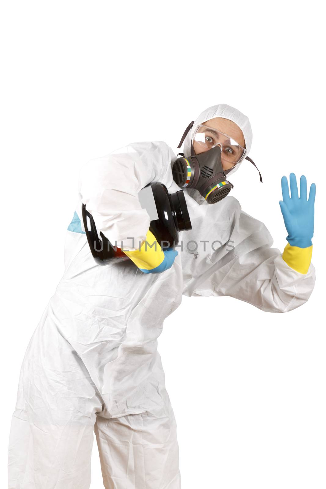 Scientist waving with a jar. Over white.
––––
[url=http://www.istockphoto.com/file_search.php?action=file&lightboxID=8026155&perPage=30&showContributor=true&showDownload=true&showTitle=true&order=4&within=1][img]http://www.penelopecayero.com/stock/isolated_people.jpg[/img][/url]