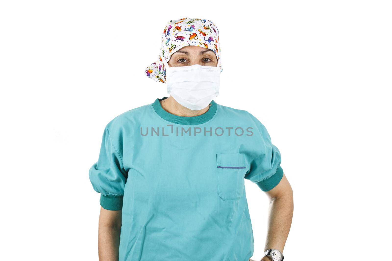 Female nurse with mask on isolated on white background.